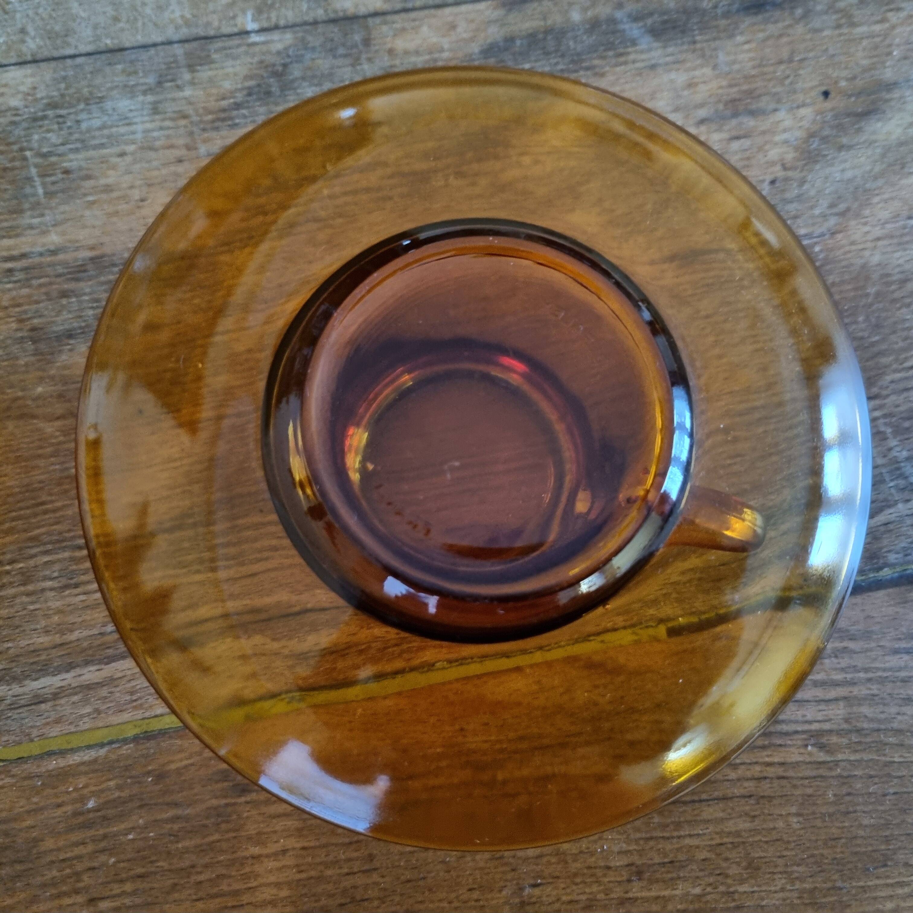 Set of 6 cups & saucers vintage Duralex amber glass signed