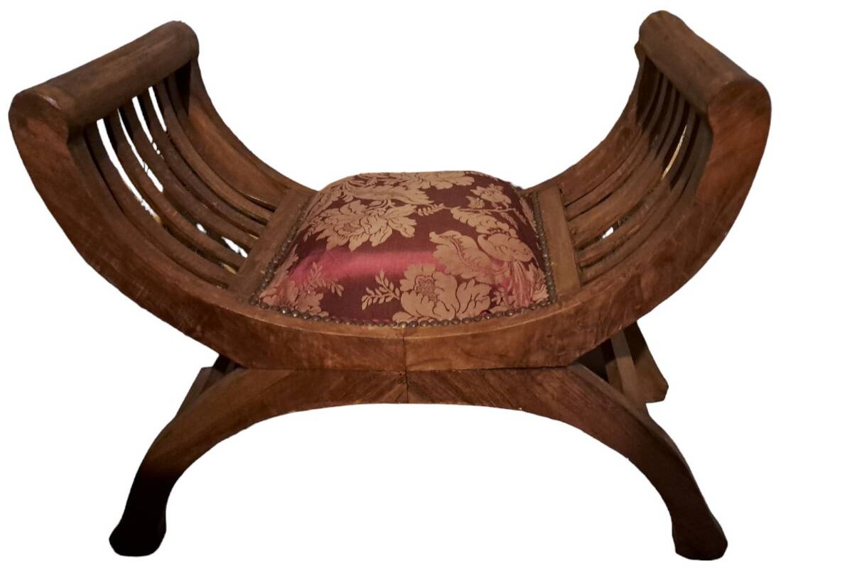 CURULE seat in antique Roman style, restored in teak wood and jacquard satin fabric