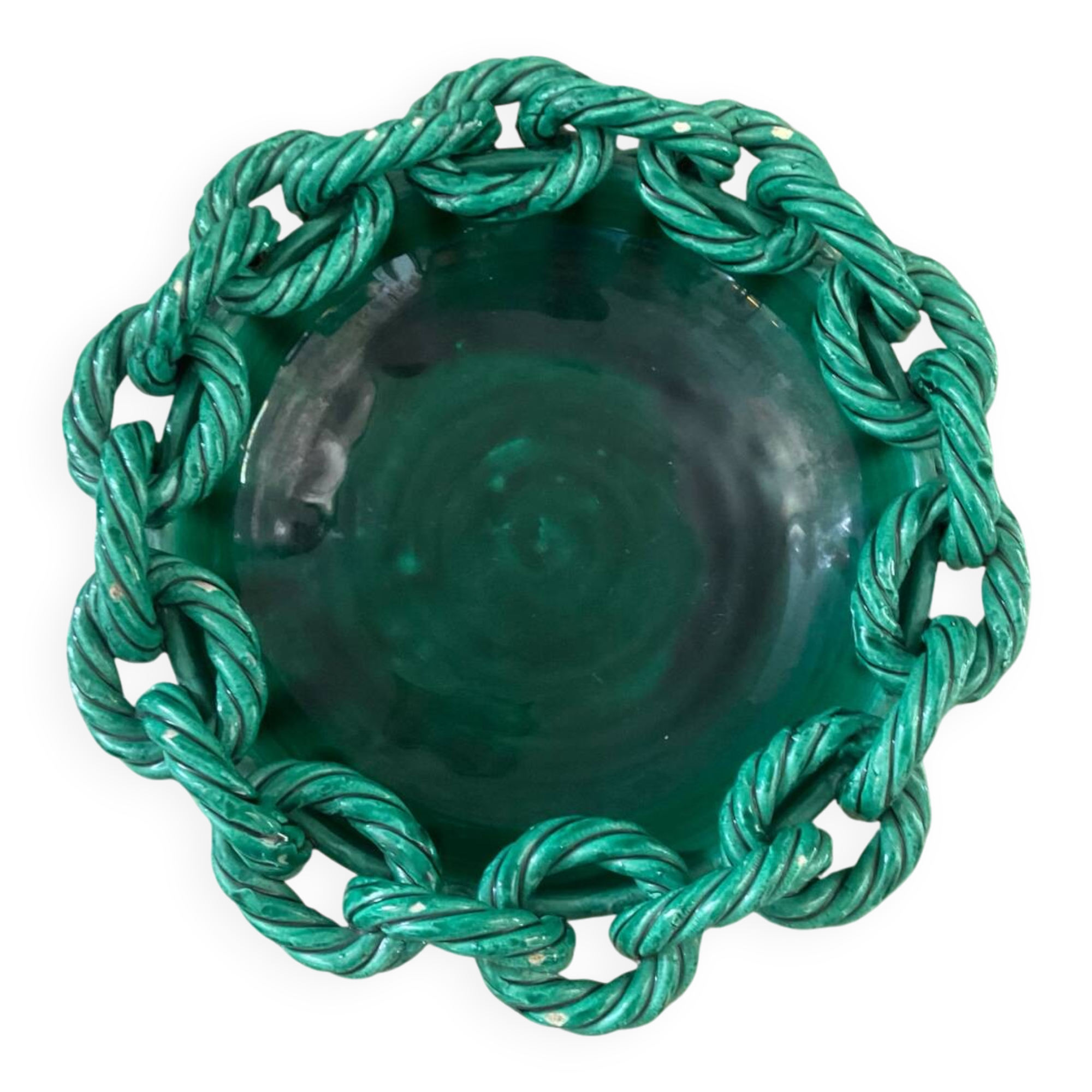 Large ceramic dish from Vallauris with green enamelled rope