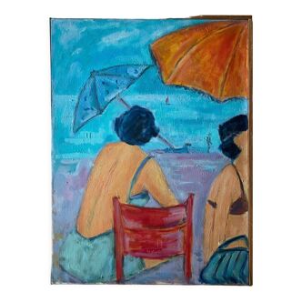 Painting "beach in hendaye" hst marcelle guetta-fattal (1922-2009) fauvism cubime