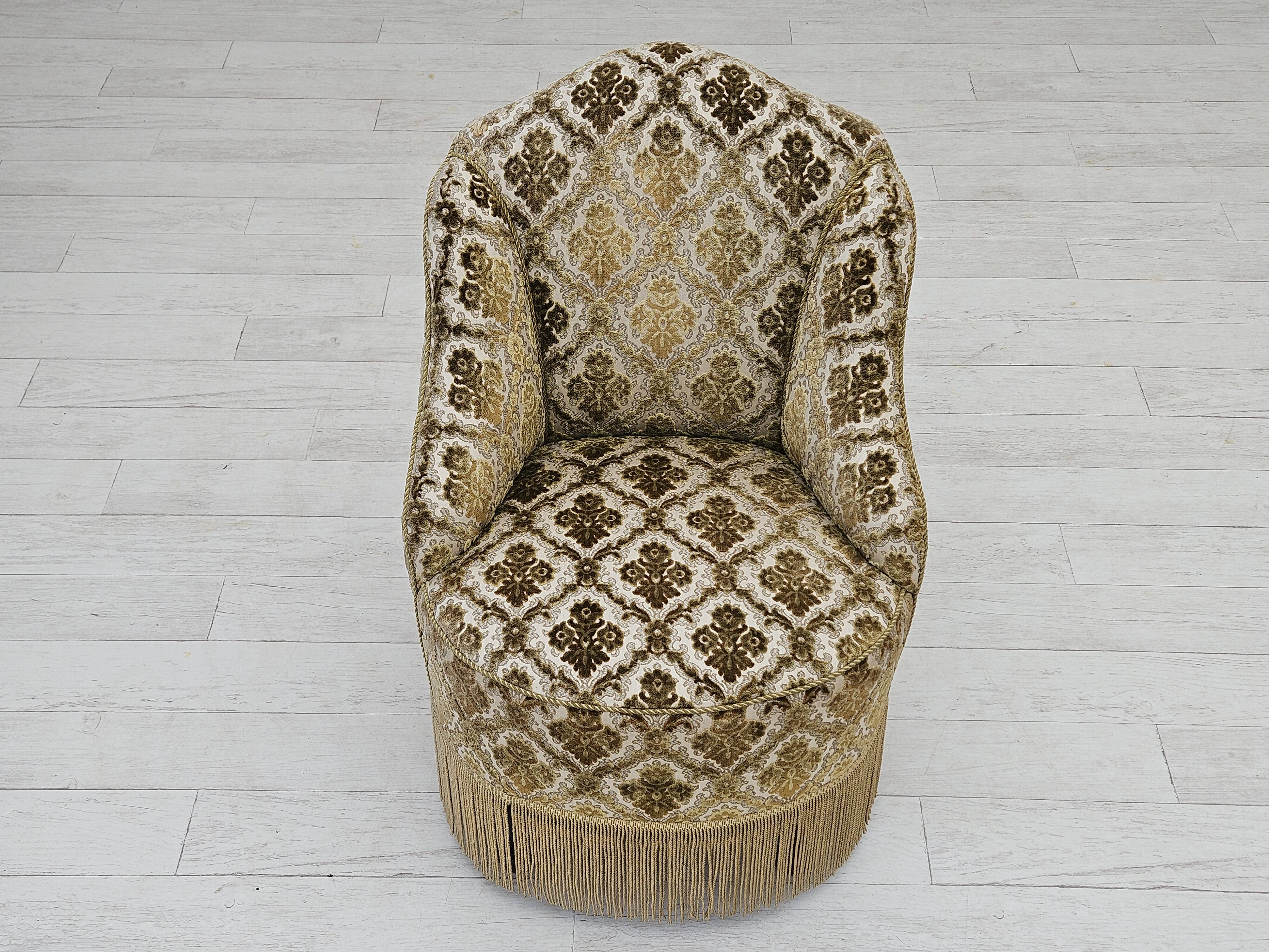 1950s, Danish lounge chair, furniture velour, ash wood legs.