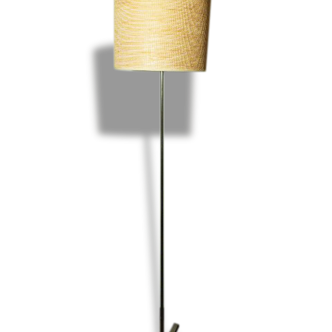 Superbe lampadaire en métal brossé se finissant par un tripode aux finitions bois
