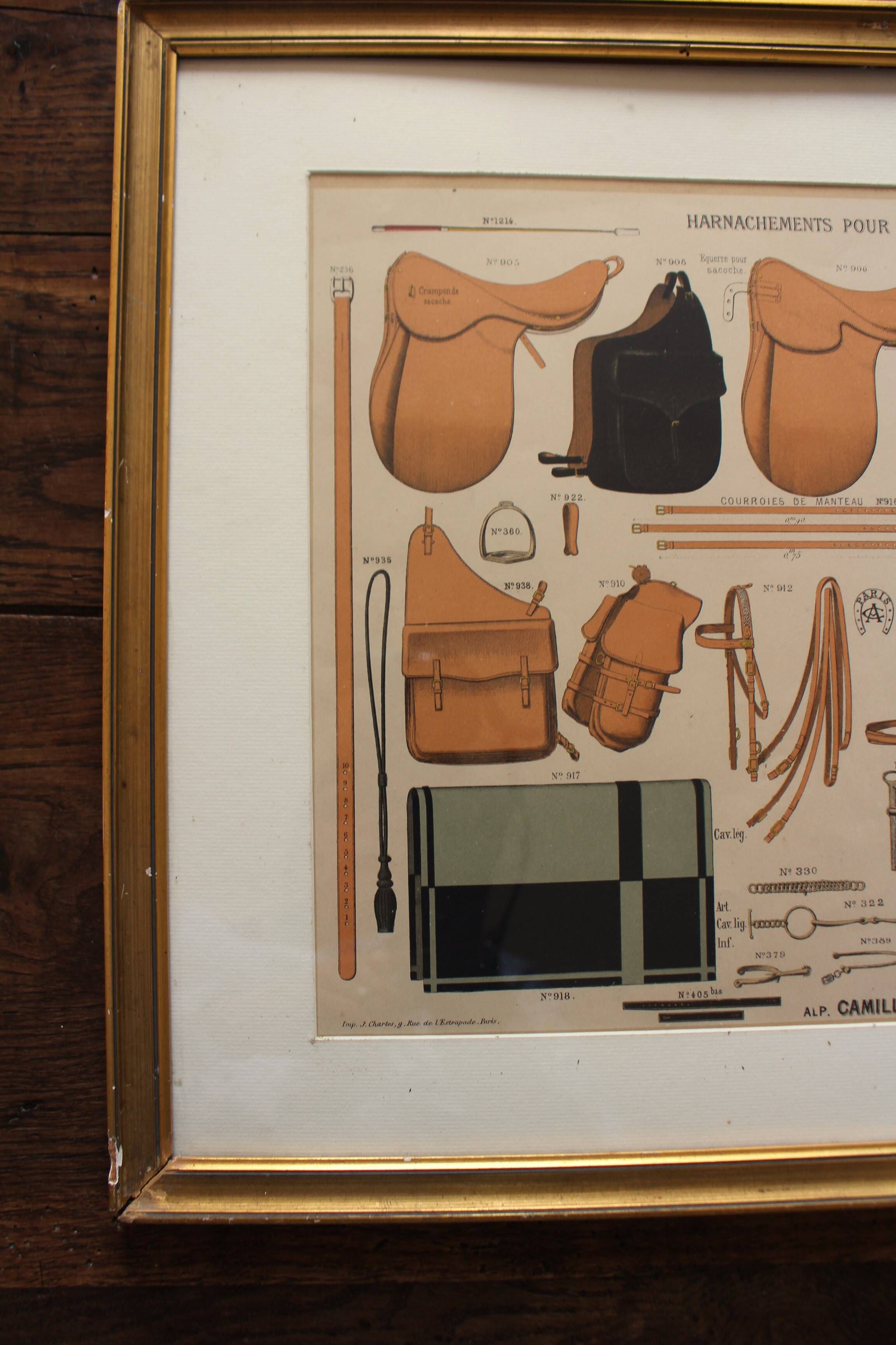 Framed lithograph "horse riding saddlery Alp Camille", late 20th century