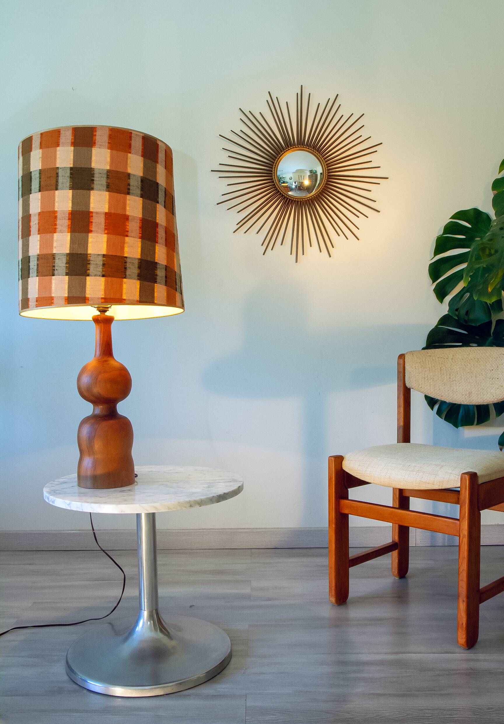 Large turned wooden lamp from the 1960s, signed JS Guy.