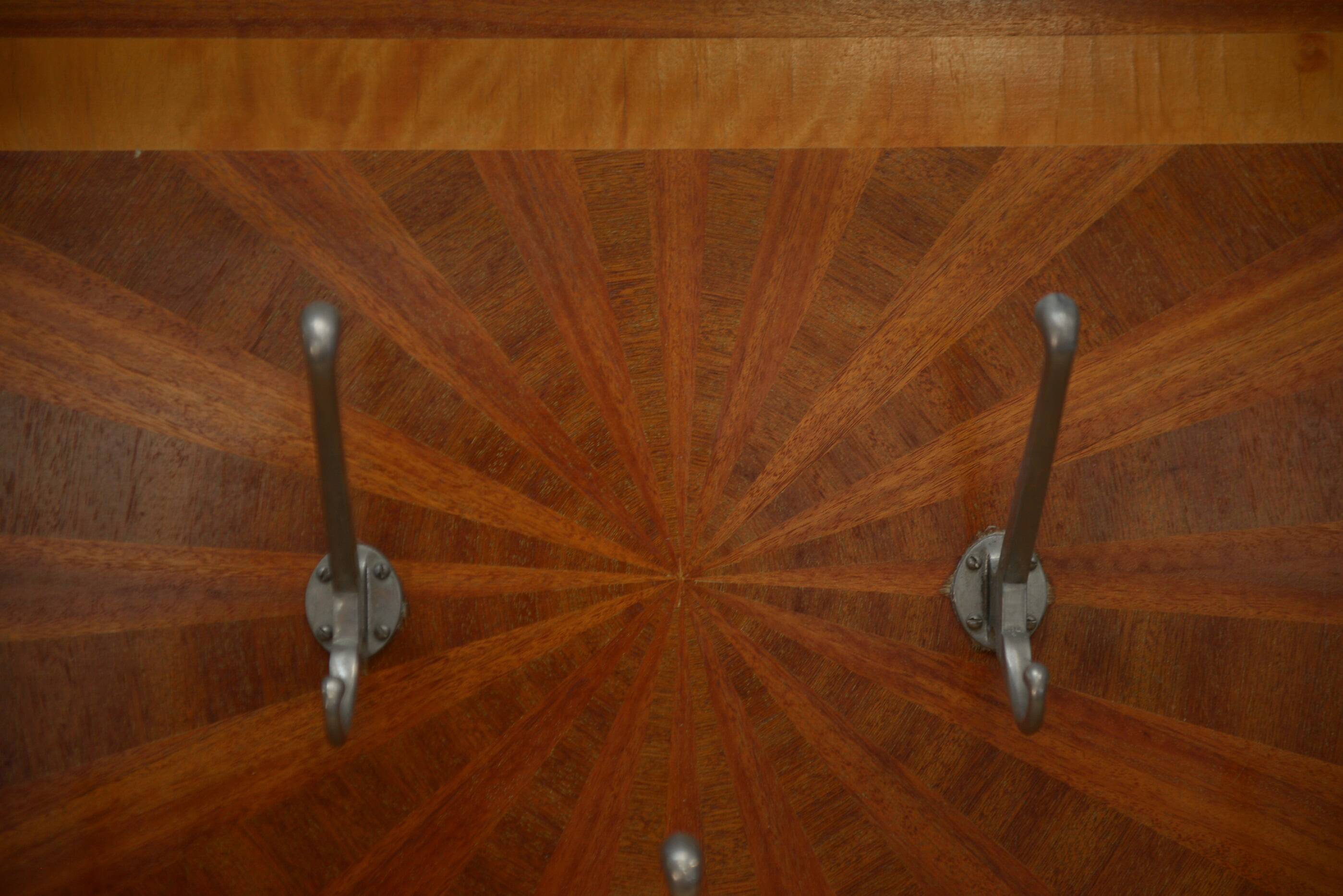 Art Deco marquetry and aluminum wall coat rack
