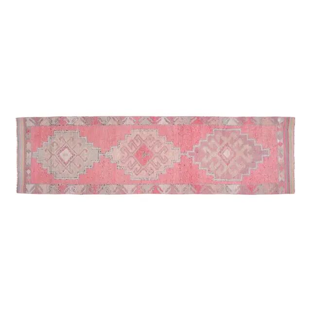 1970s Vintage Turkish Oushak Handmade Wool Cotton Pink Runner Rug 93x327