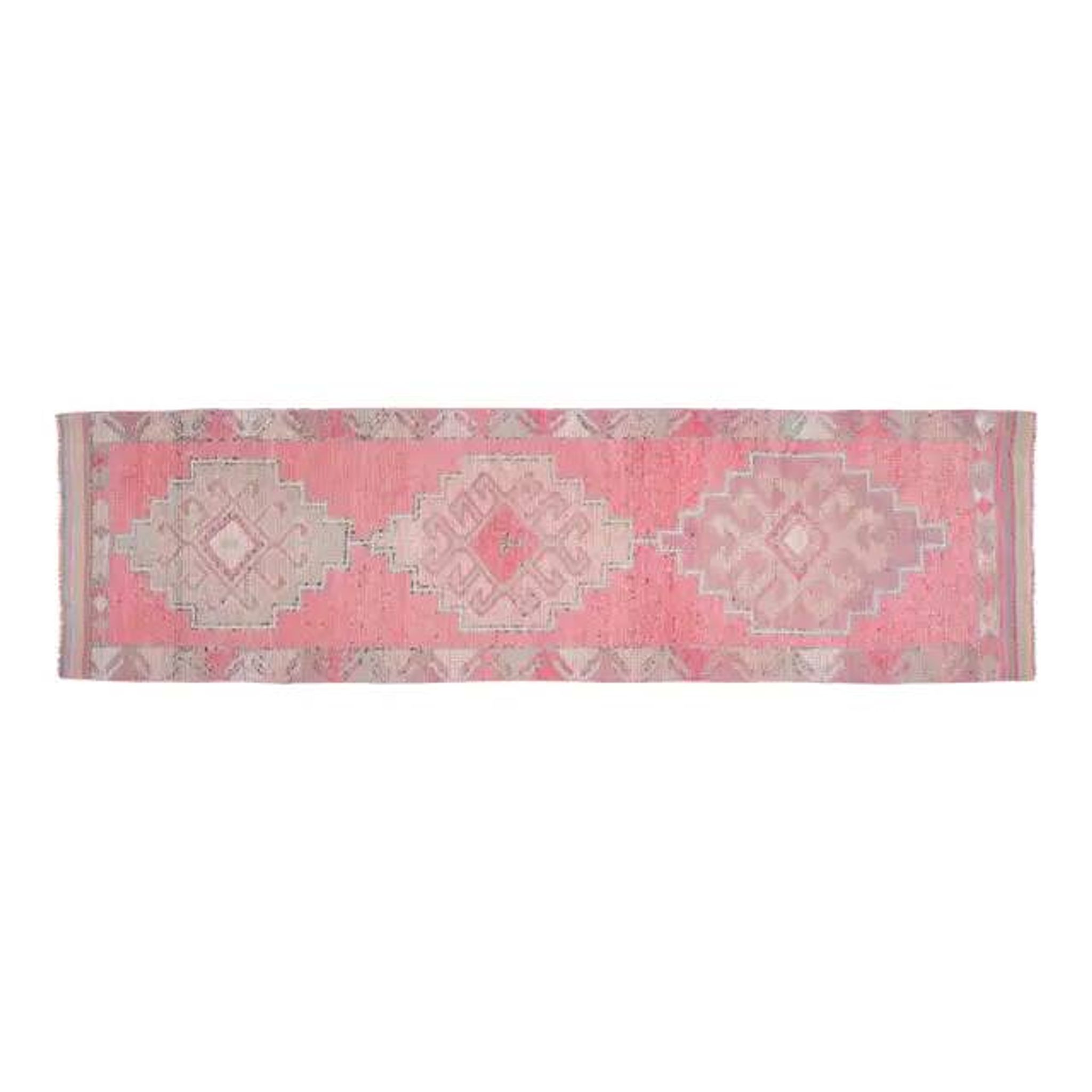 1970s Vintage Turkish Oushak Handmade Wool Cotton Pink Runner Rug 93x327