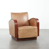 Art Deco design armchair made of cowhide leather in light cognac colour