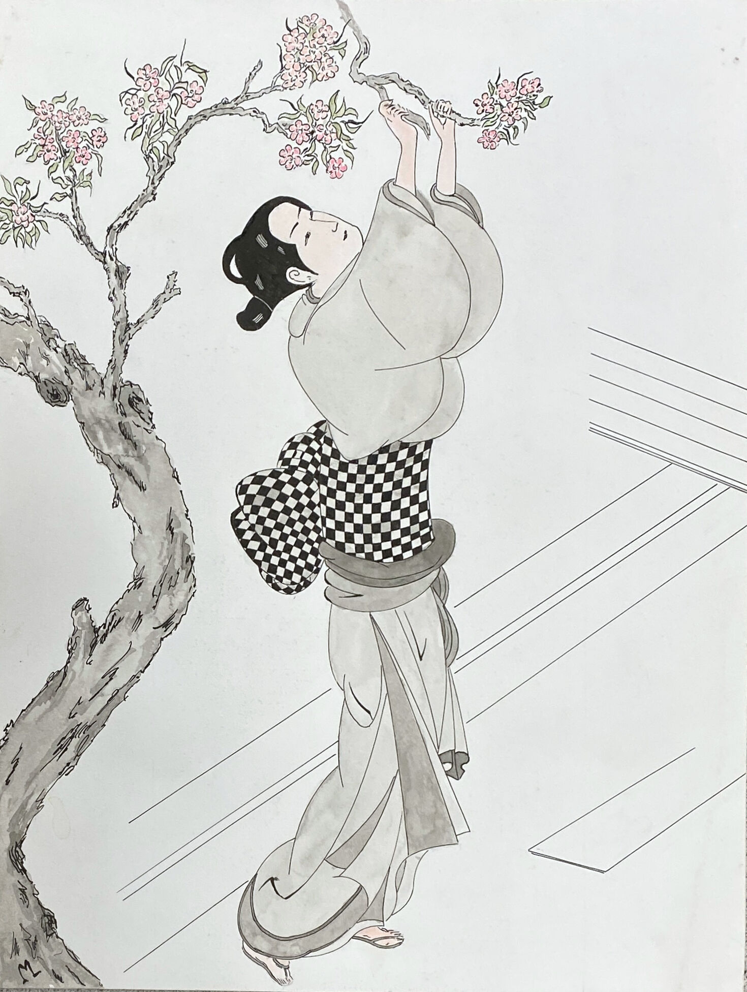 Original drawing painting ink and watercolor signed Asia