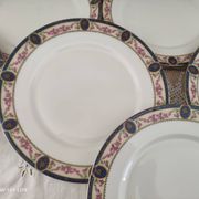 Set of 10 flat plates in Limoges porcelain stamp RN frieze blue old pinks