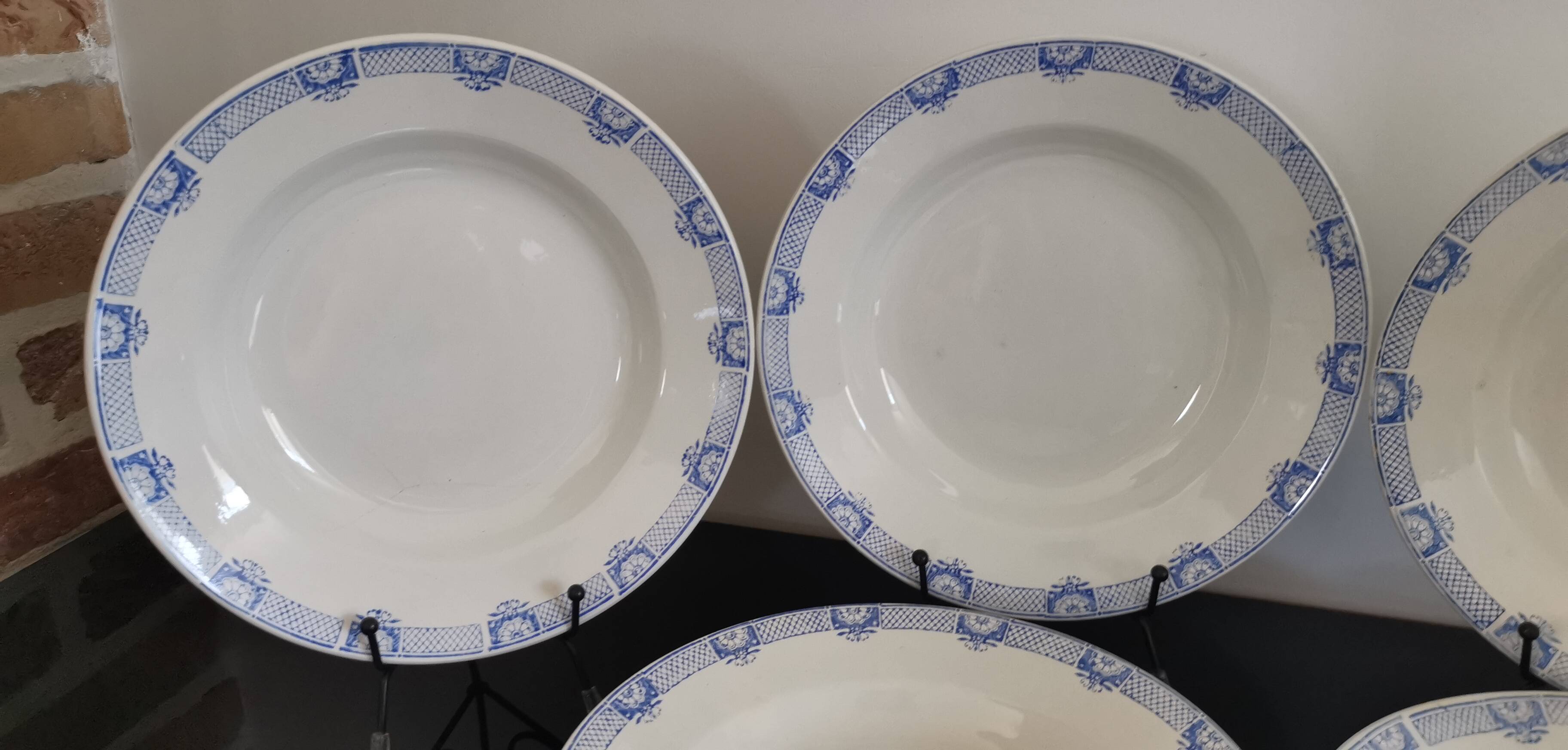 6 Saint Amand and Hamage white/blue earthenware soup plates