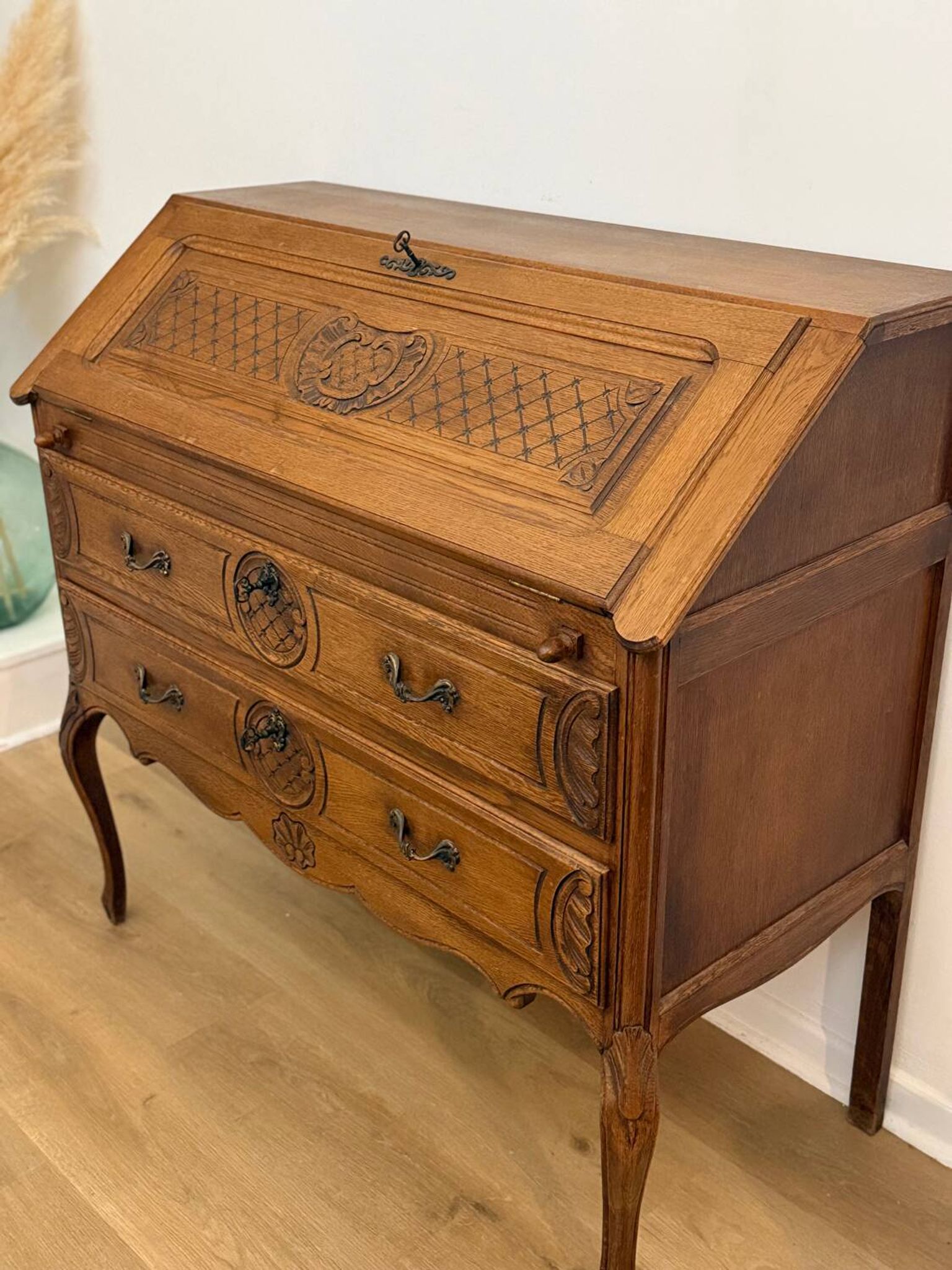 Carved oak secretary