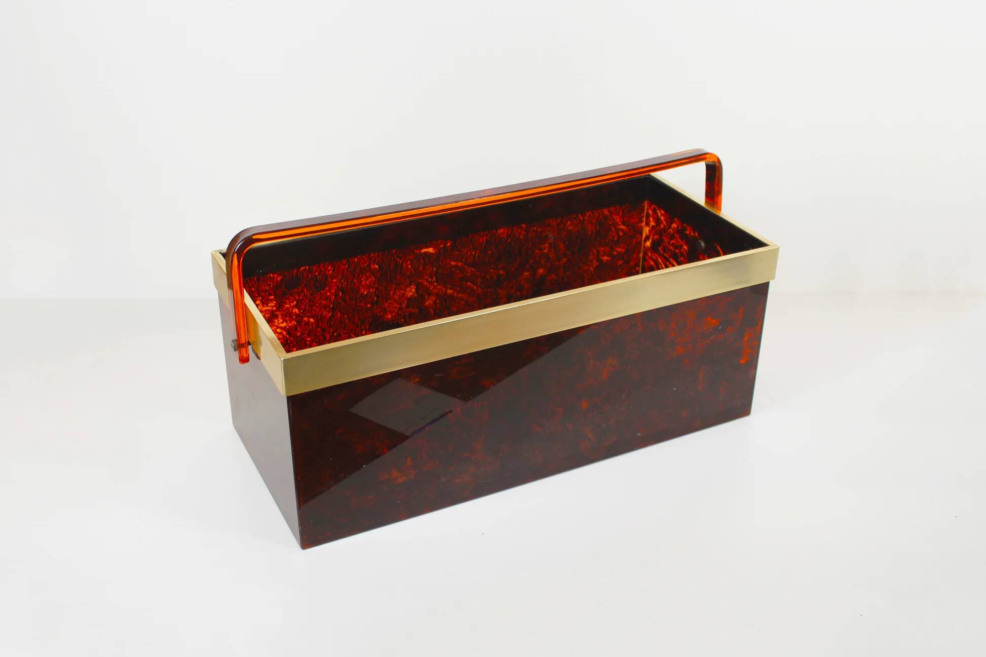 Italian magazine rack in 'faux tortoiseshell' and brass