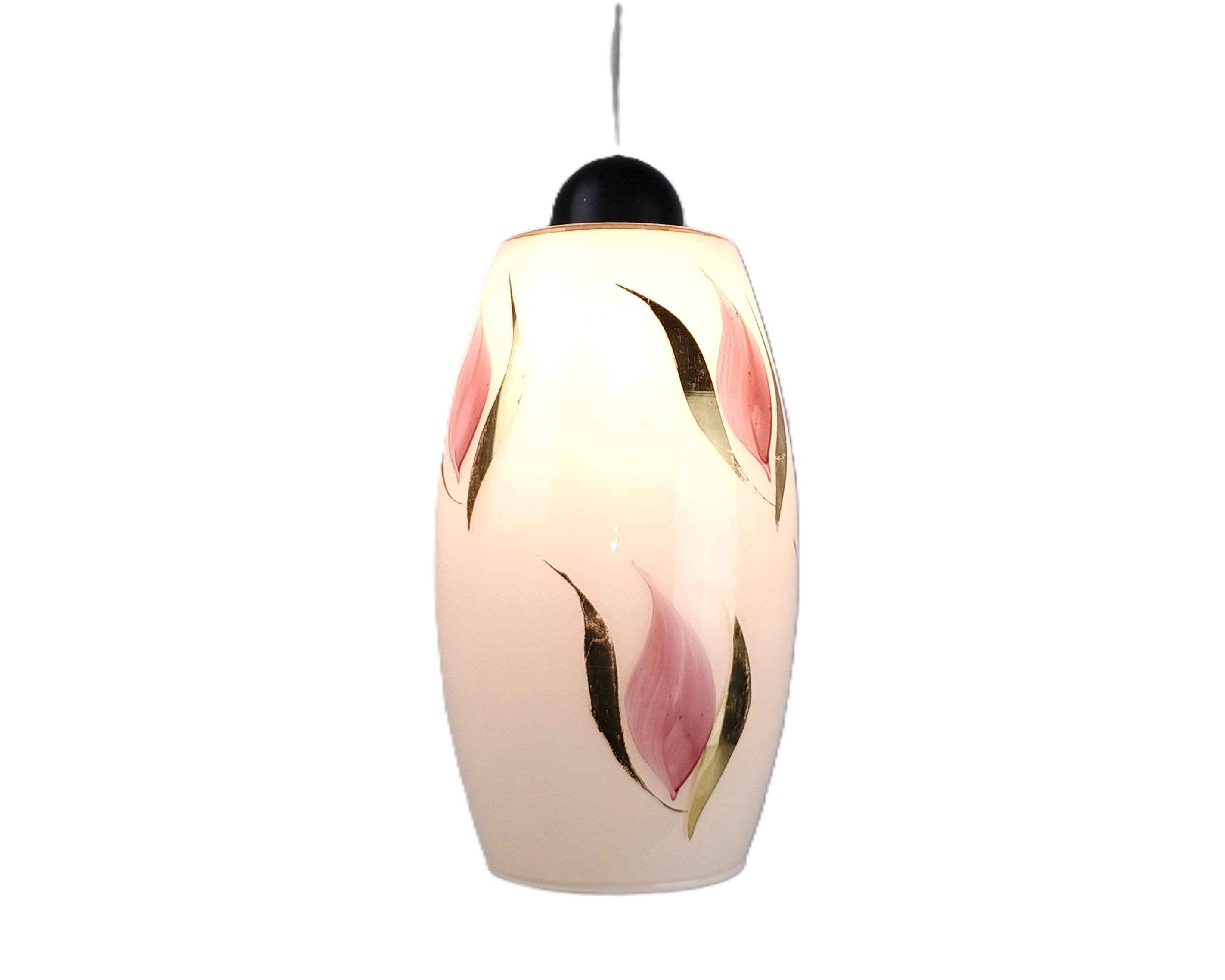 Vintage 1950s Pendant Light, Cream White Glass, Pink and Gold Flower Pattern, ARLUS