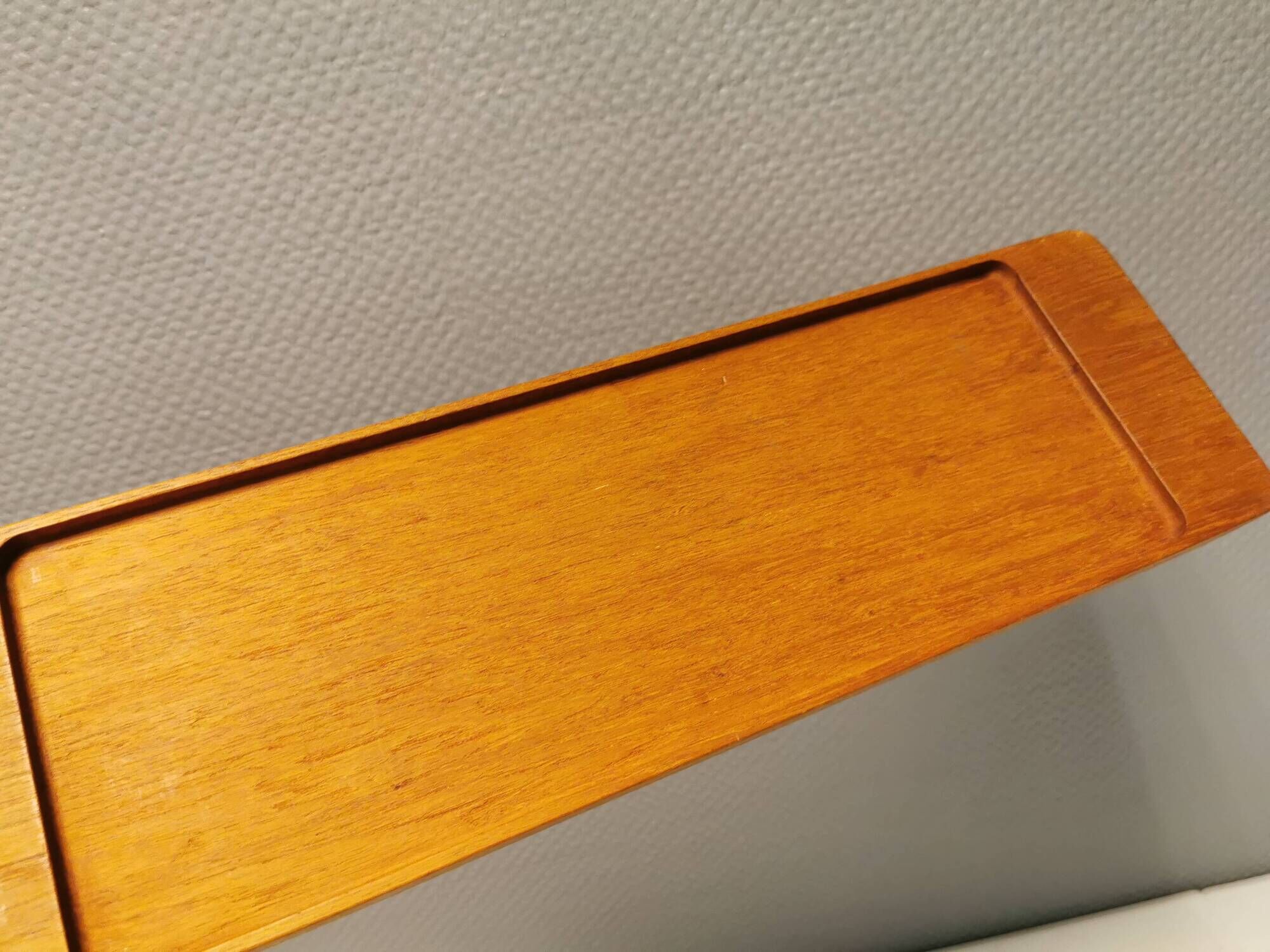 Teak Cabaret tray with four smoke coloured glass bowls, Danish and produced by Wiggers 1970s.