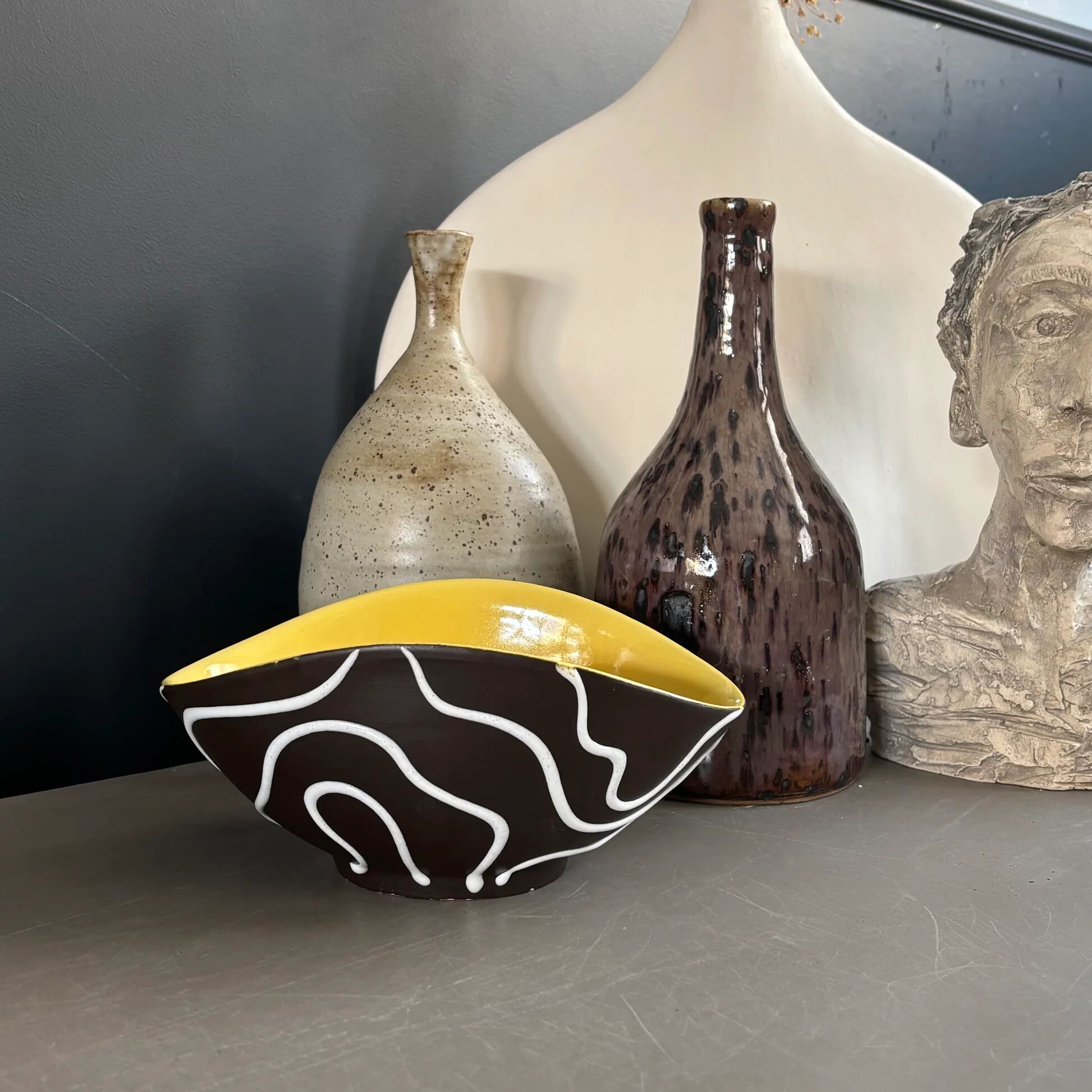 Yellow and black ceramic aperitif bowl, free form, West Germany.