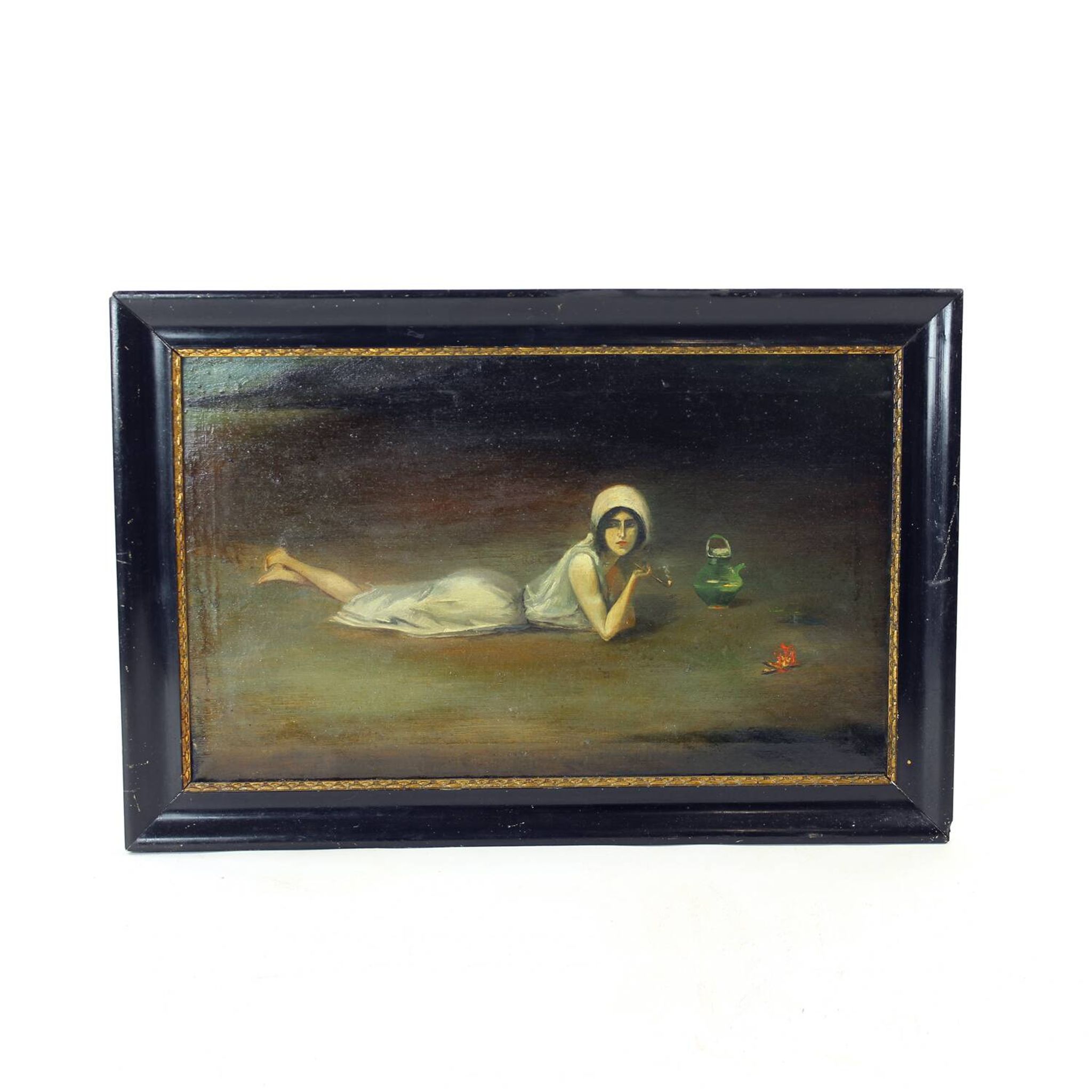 Peinture à l'huile vintage d'une gitane de Zamutov, Tchécoslovaquie, années 1940
