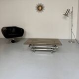 Space coffee table from the 70s, tubular metal and glass, Italian design