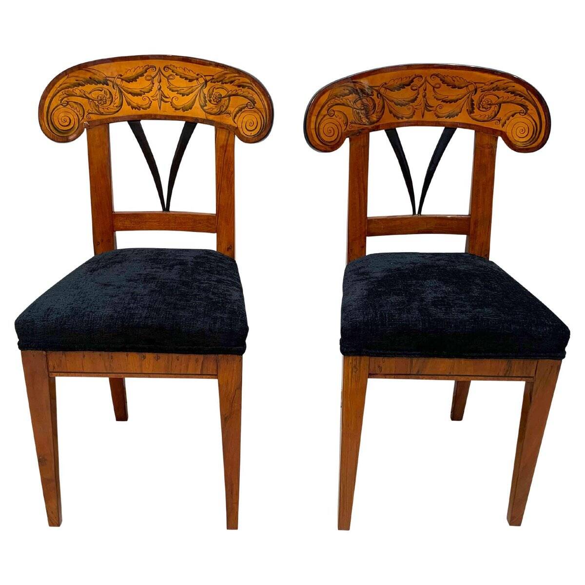 Set of Pair of Biedermeier Shovel Chairs, Walnut, Ink Painting, South Germany, 1830s