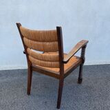 Vintage armchair in straw and brutalist wood