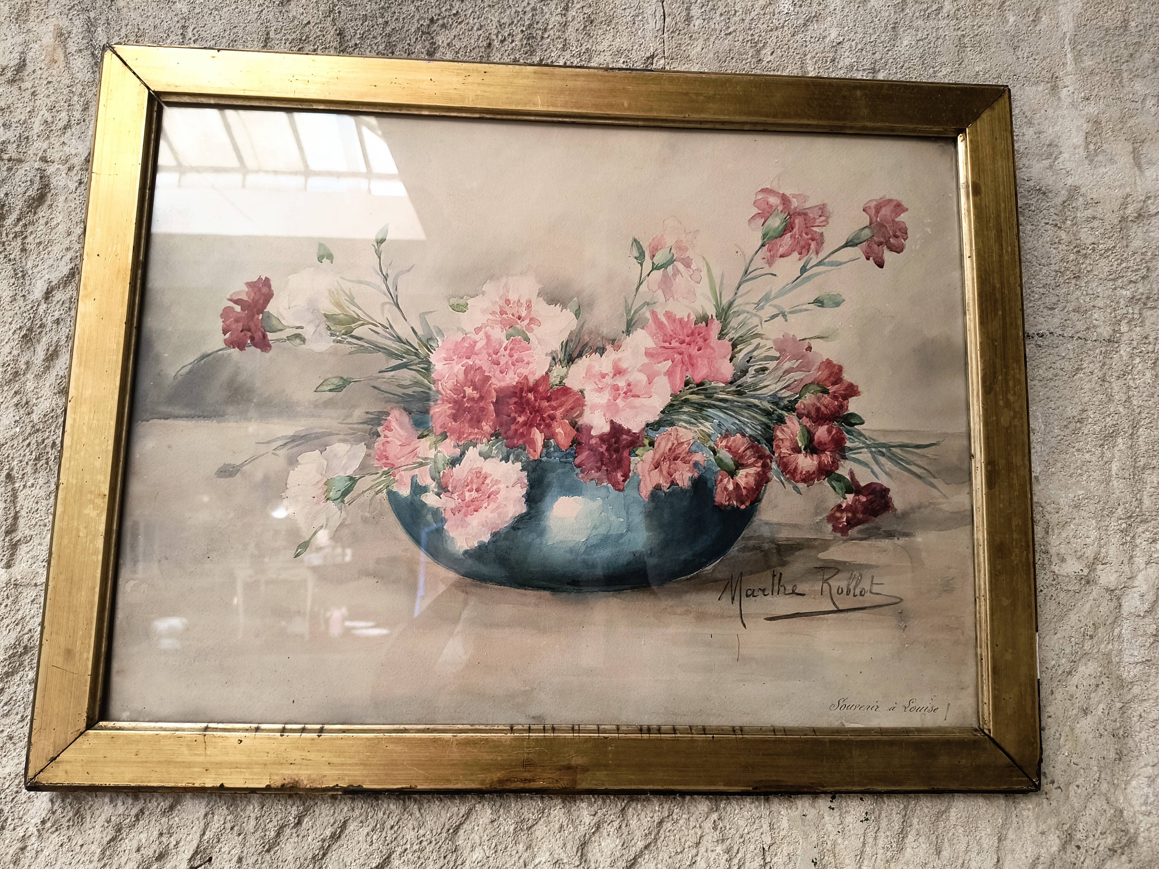 Watercolour signed MARTHE ROBLOT in a gold leaf frame