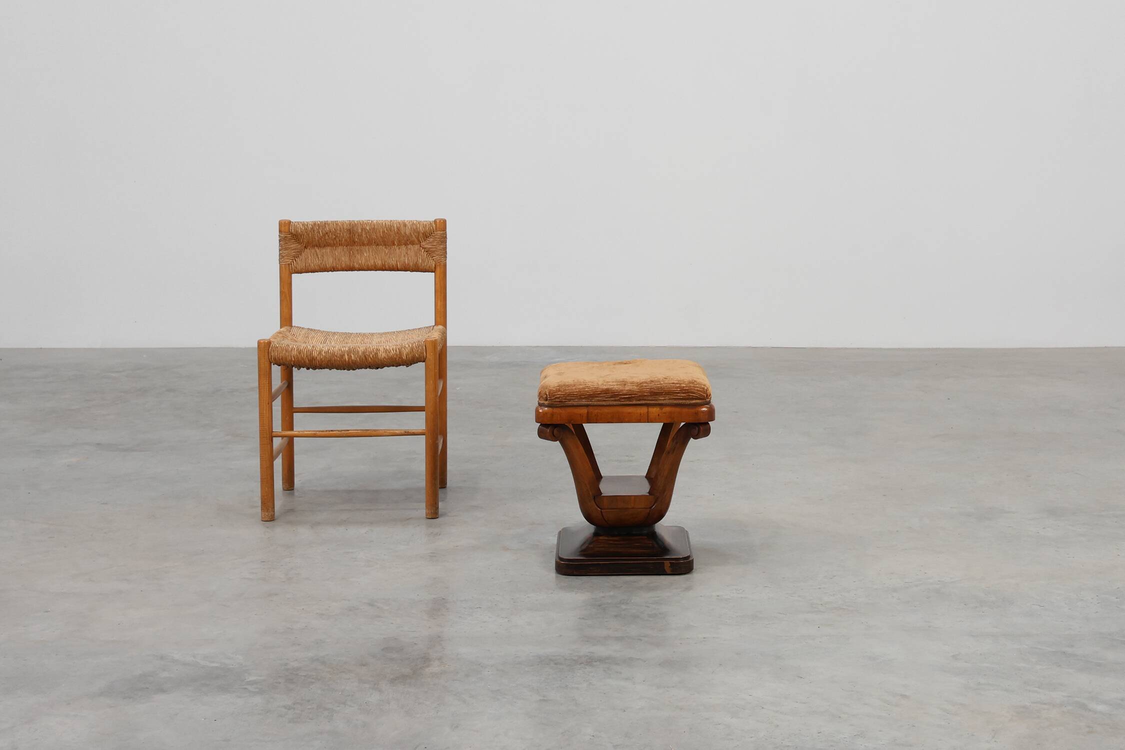 Art Deco Walnut Stool with Original Fabric, Italy 1920s