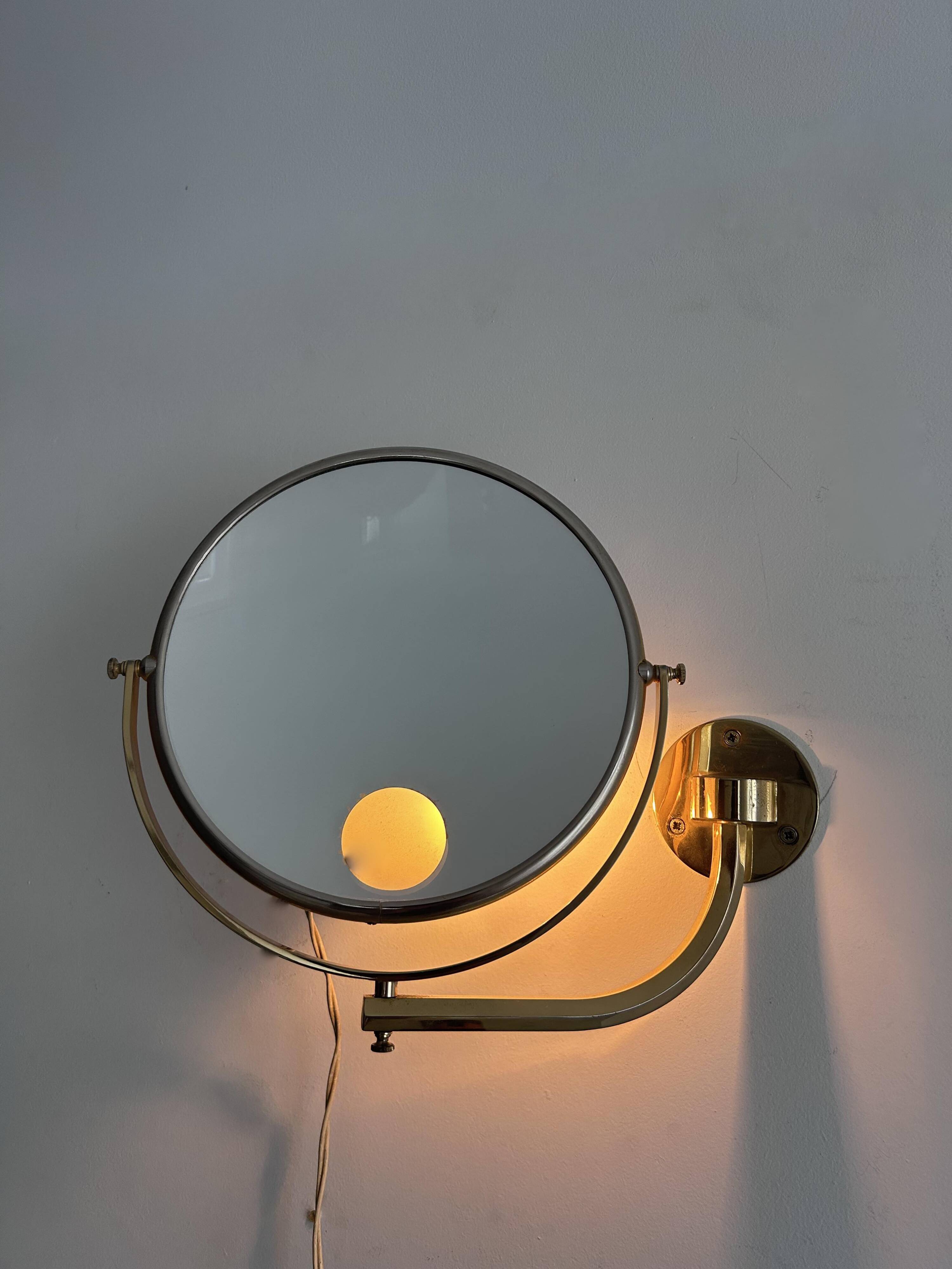 Vintage illuminated adjustable brass mirror, Arpin Paris, France 1970