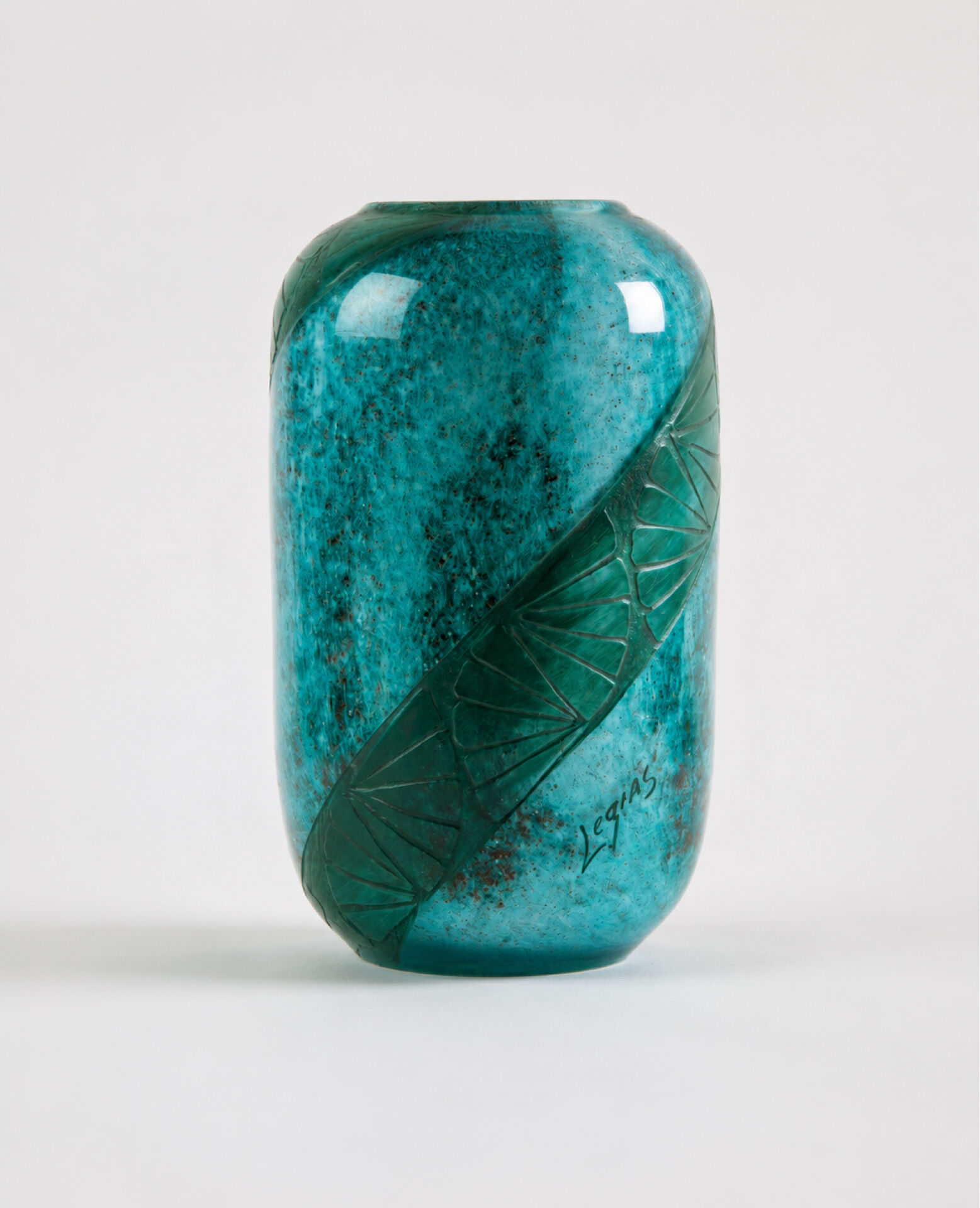 Legras Art Deco Vase - Turquoise marbled glass with palm decoration