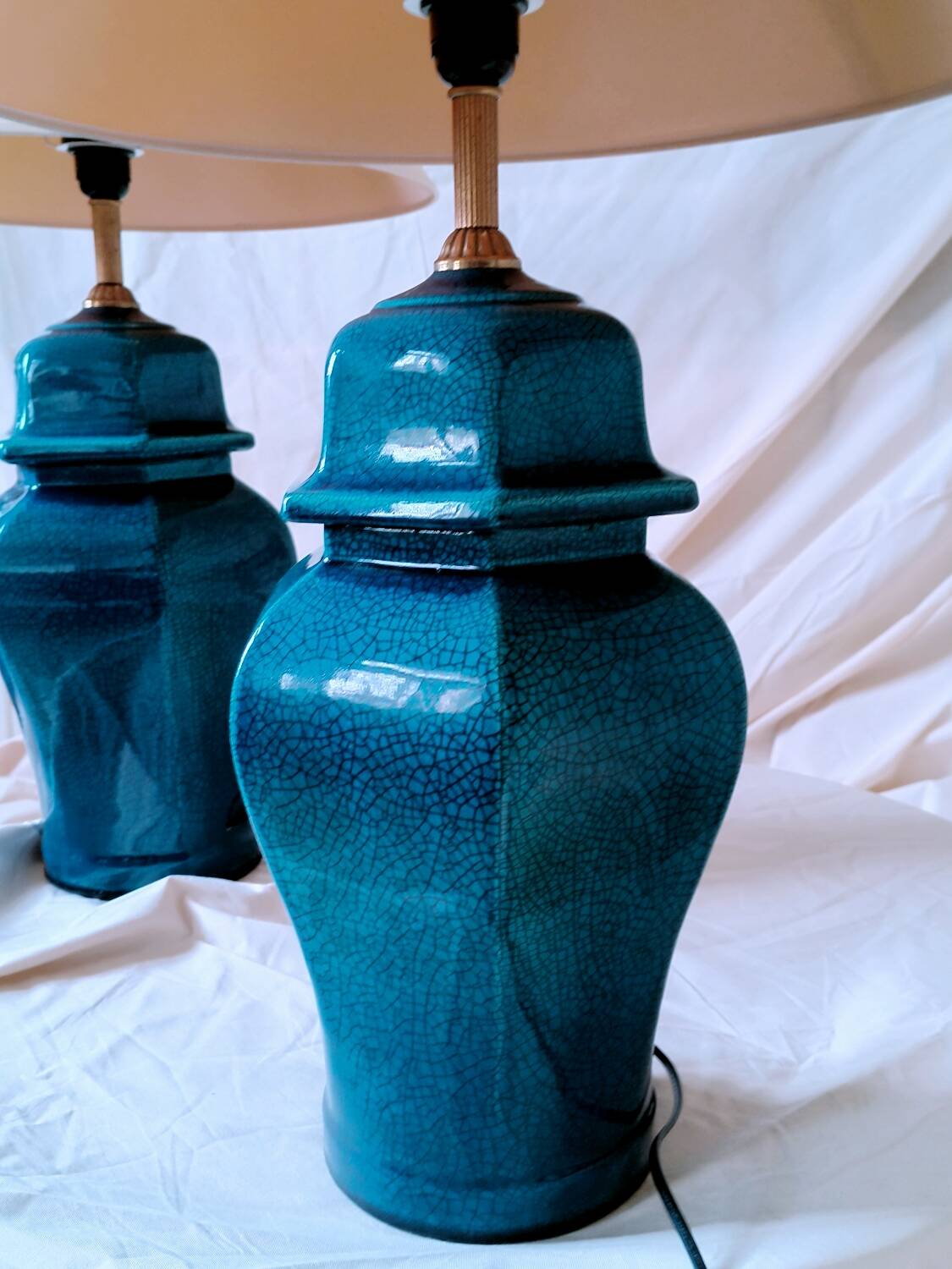 2 blue crackle ceramic desk lamp bases, 1950s