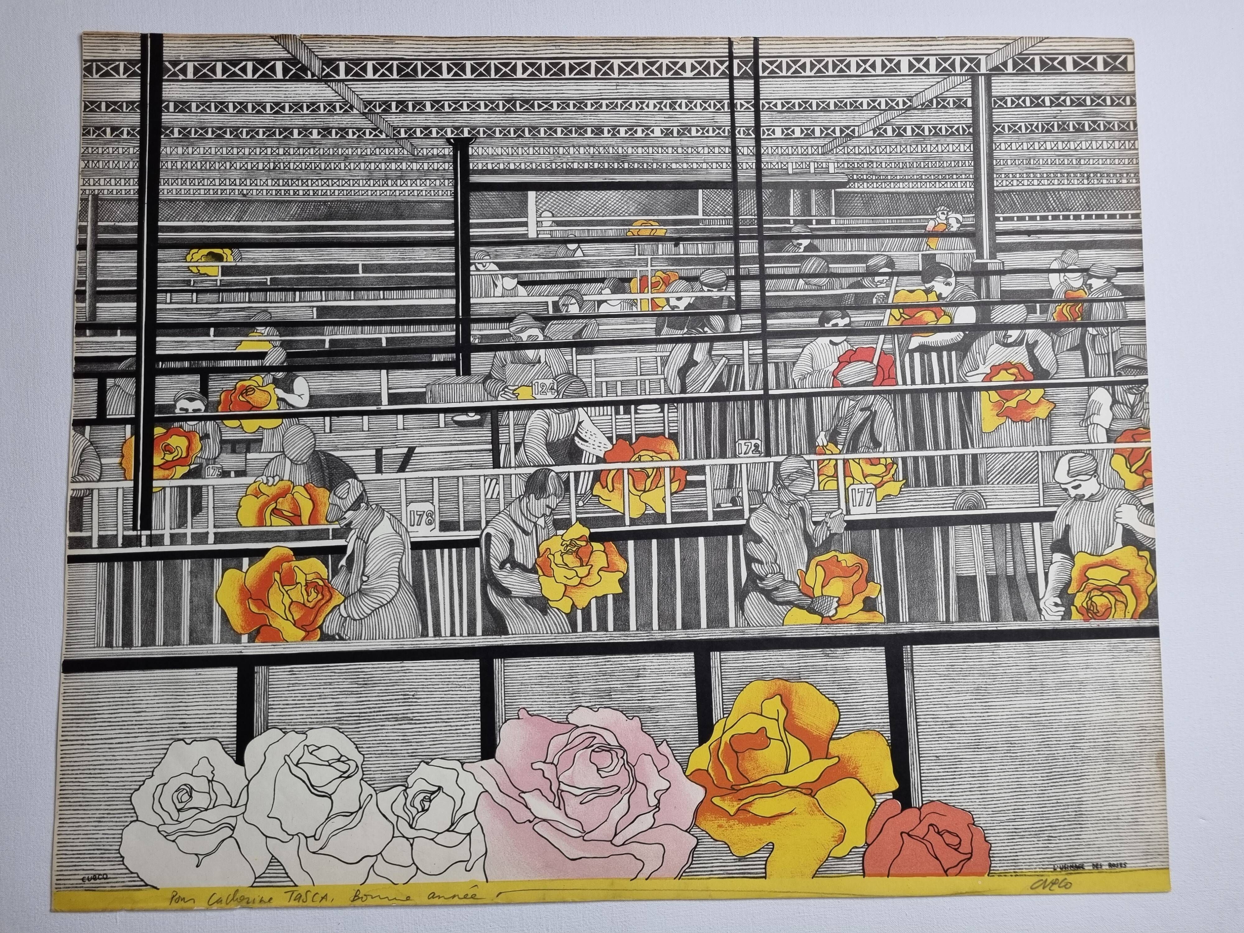 Original lithograph signed after Henri Cueco, "l'usinage des roses", 1969, 64 x 51 cm