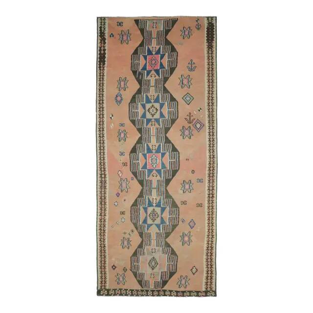 Vintage Turkish Oushak Handmade Cotton Orange Wool Kilim Runner Rug 170x404