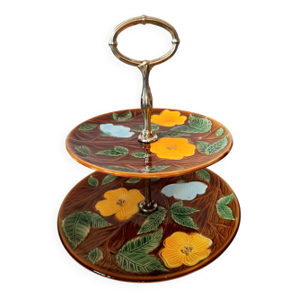 Vintage two-tier cake stand in barbotine with flower decor Sarreguemines