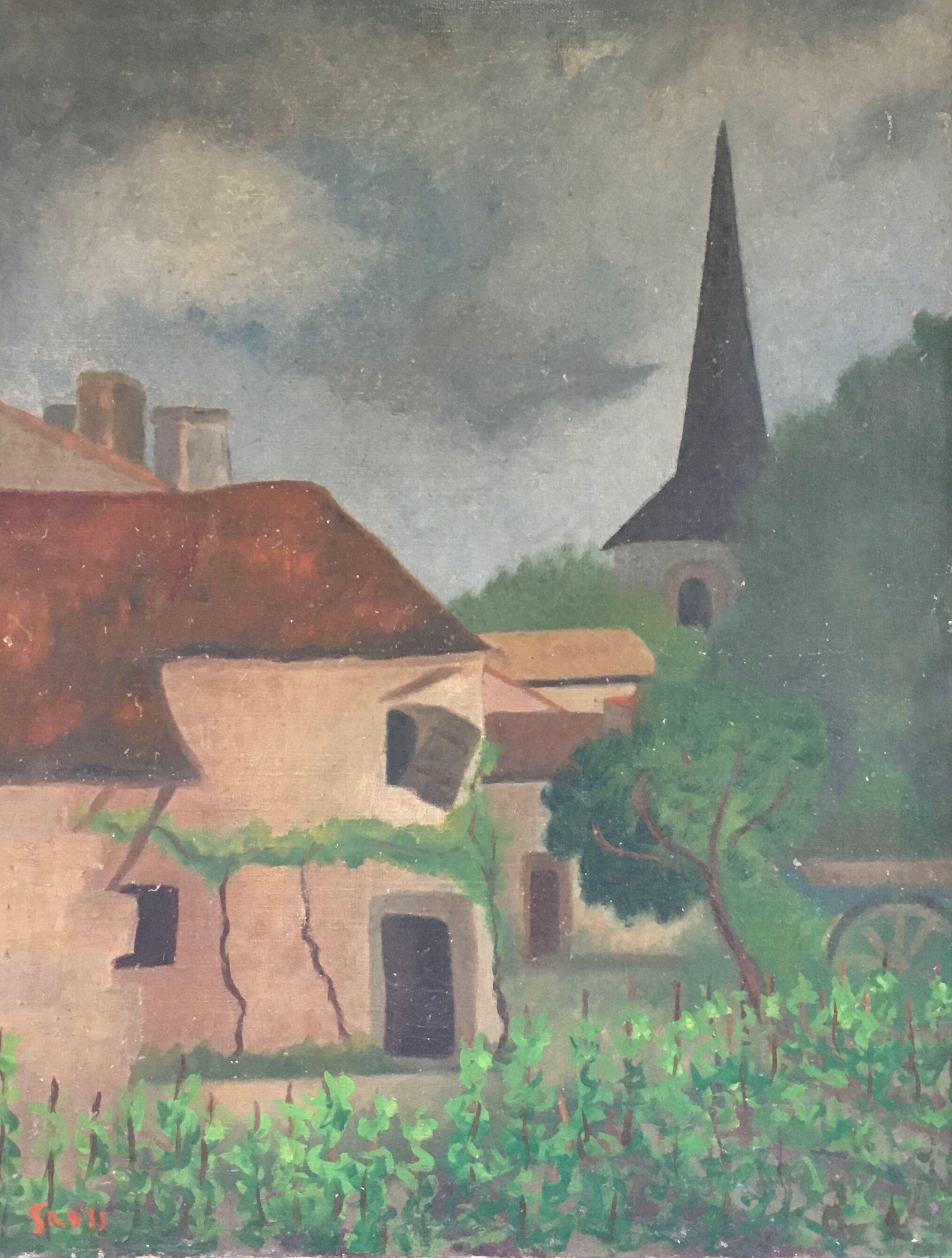 Old painting of the village house and its garden