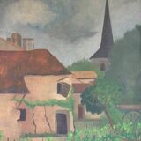 Old painting the village house and its garden