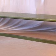 Old teak bench with original green patina.