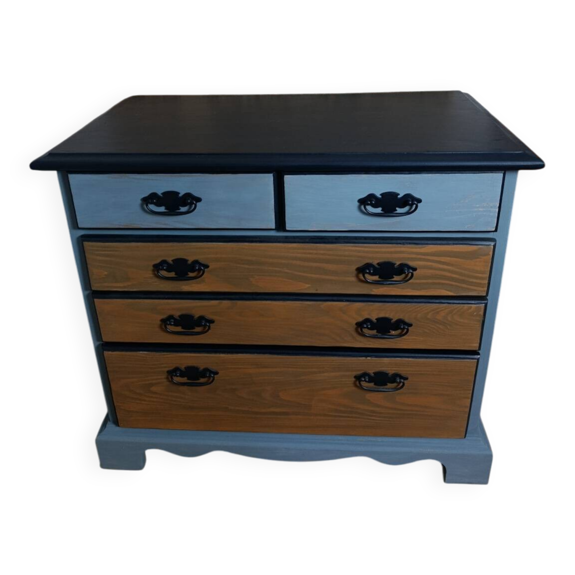 Chest of drawers with 5 drawers in solid dark wood and patinated blue.
