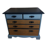 Chest of drawers with 5 drawers in solid dark wood and patinated blue.