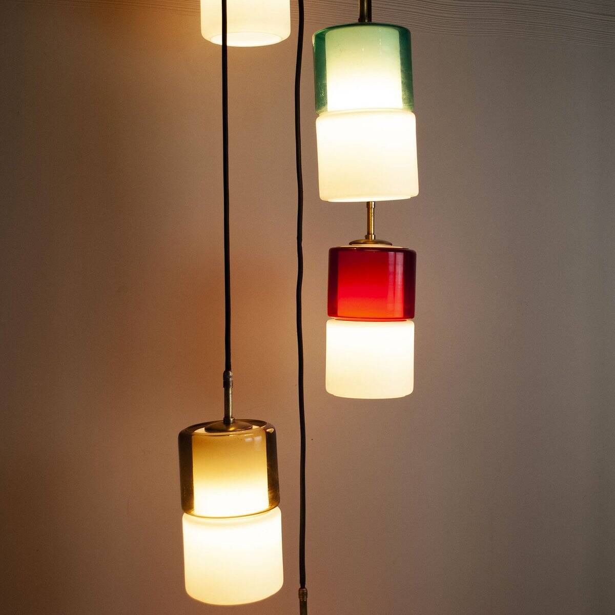 Hanging lamp with five elements in white opaline glass and coloured Murano glass by Putzler Pelill Production, 1960s.