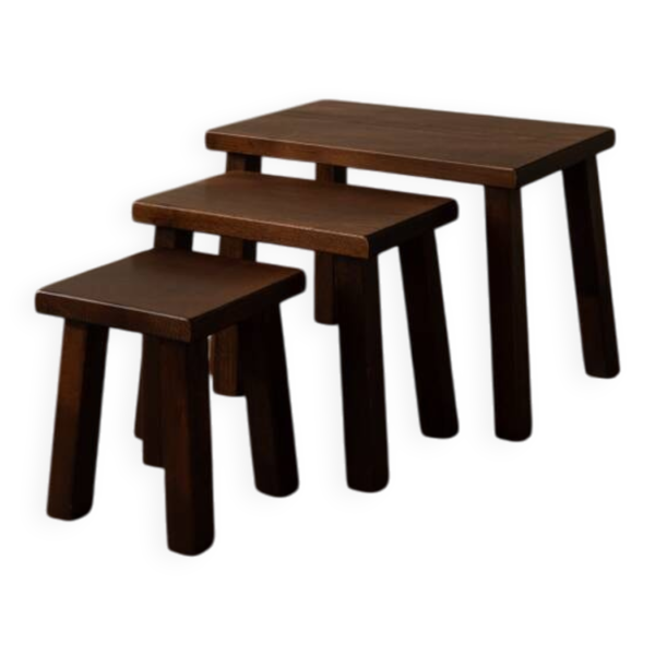 Tables gigognes en chêne massif vintage brutaliste (ensemble de 3) – Néerlandais, années 1970