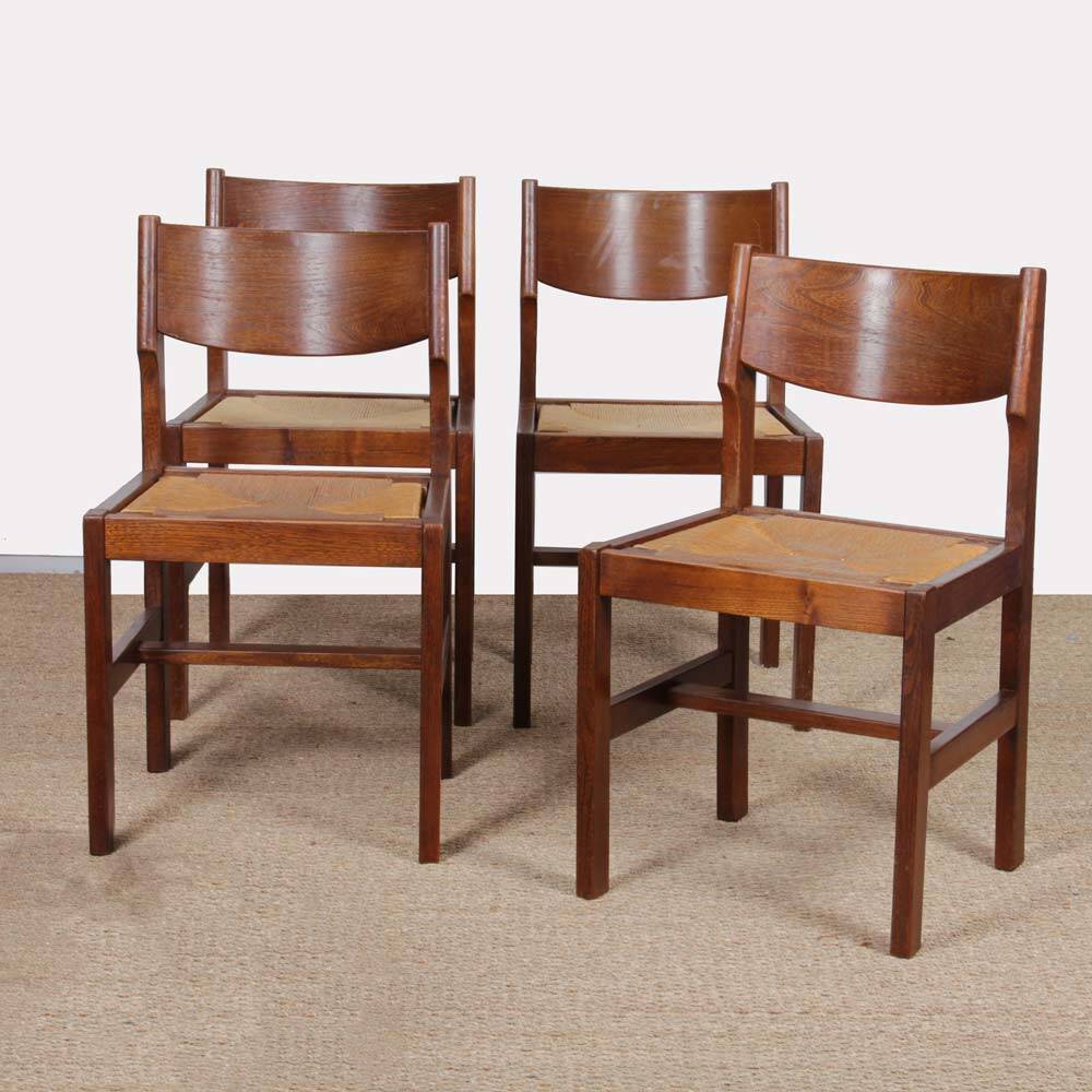 Set of 4 vintage solid wood and straw chairs, 1980