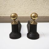 Antique neoclassical cast iron & brass andirons