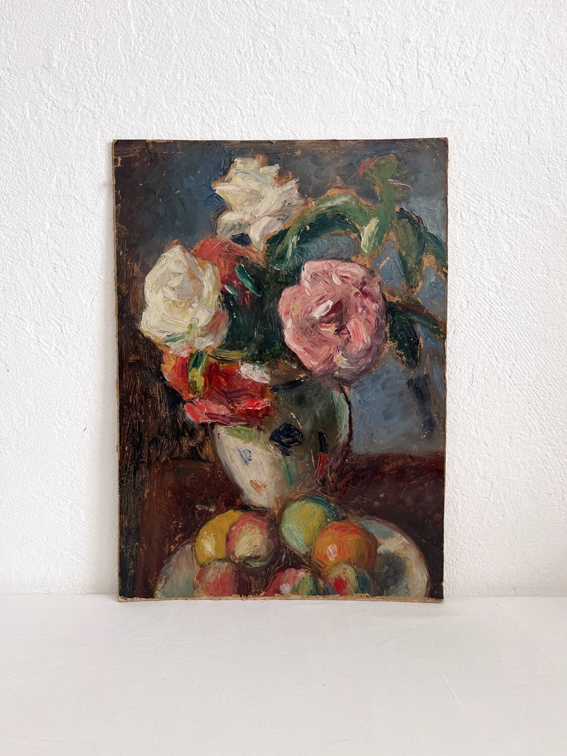 Old oil painting on cardboard bouquet of flowers and fruits