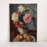 Old oil painting on cardboard bouquet of flowers and fruits