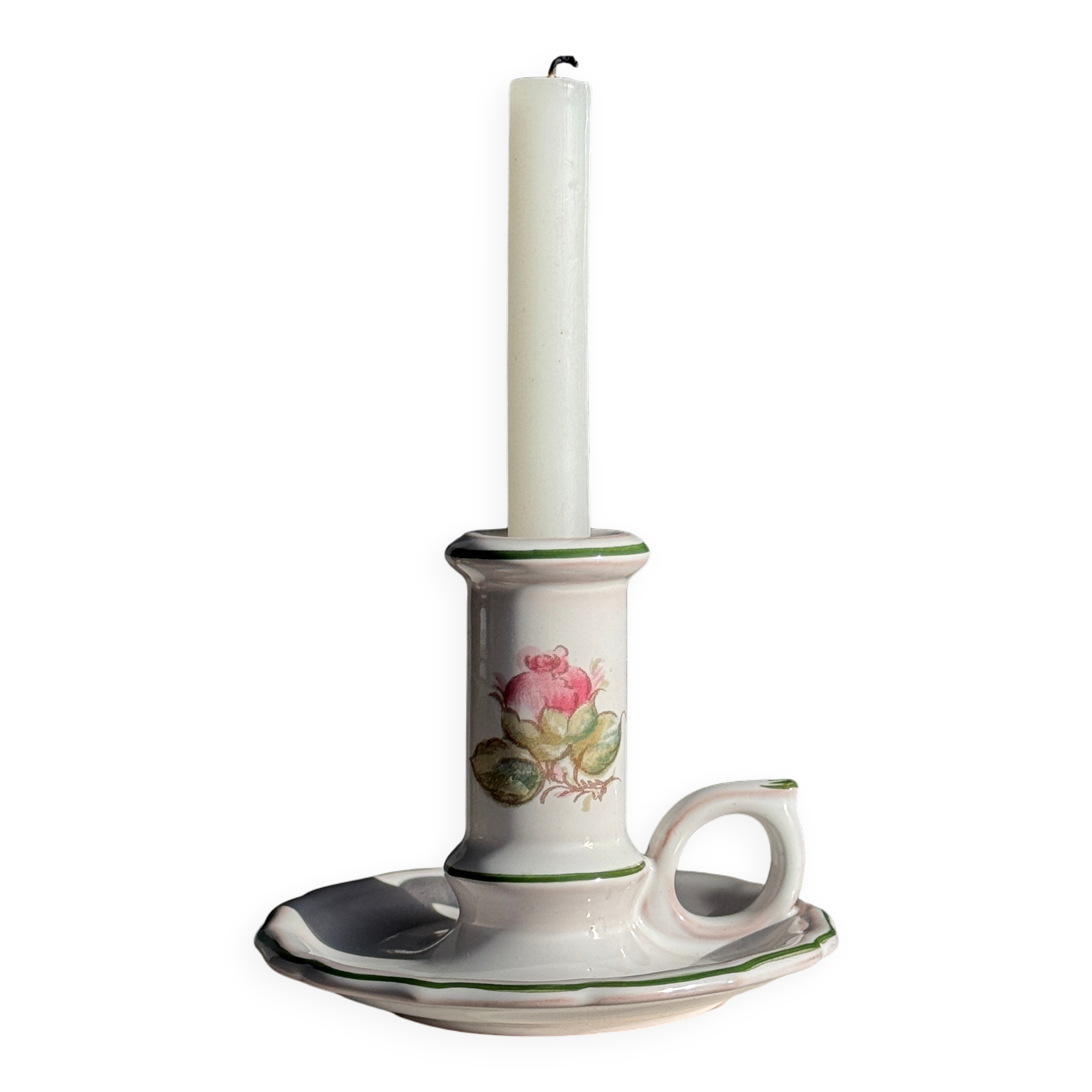 Small vintage hand-held candlestick in earthenware with green trim and floral decoration H10.5