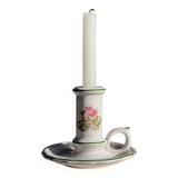 Small vintage hand-held candlestick in earthenware with green trim and floral decoration H10.5