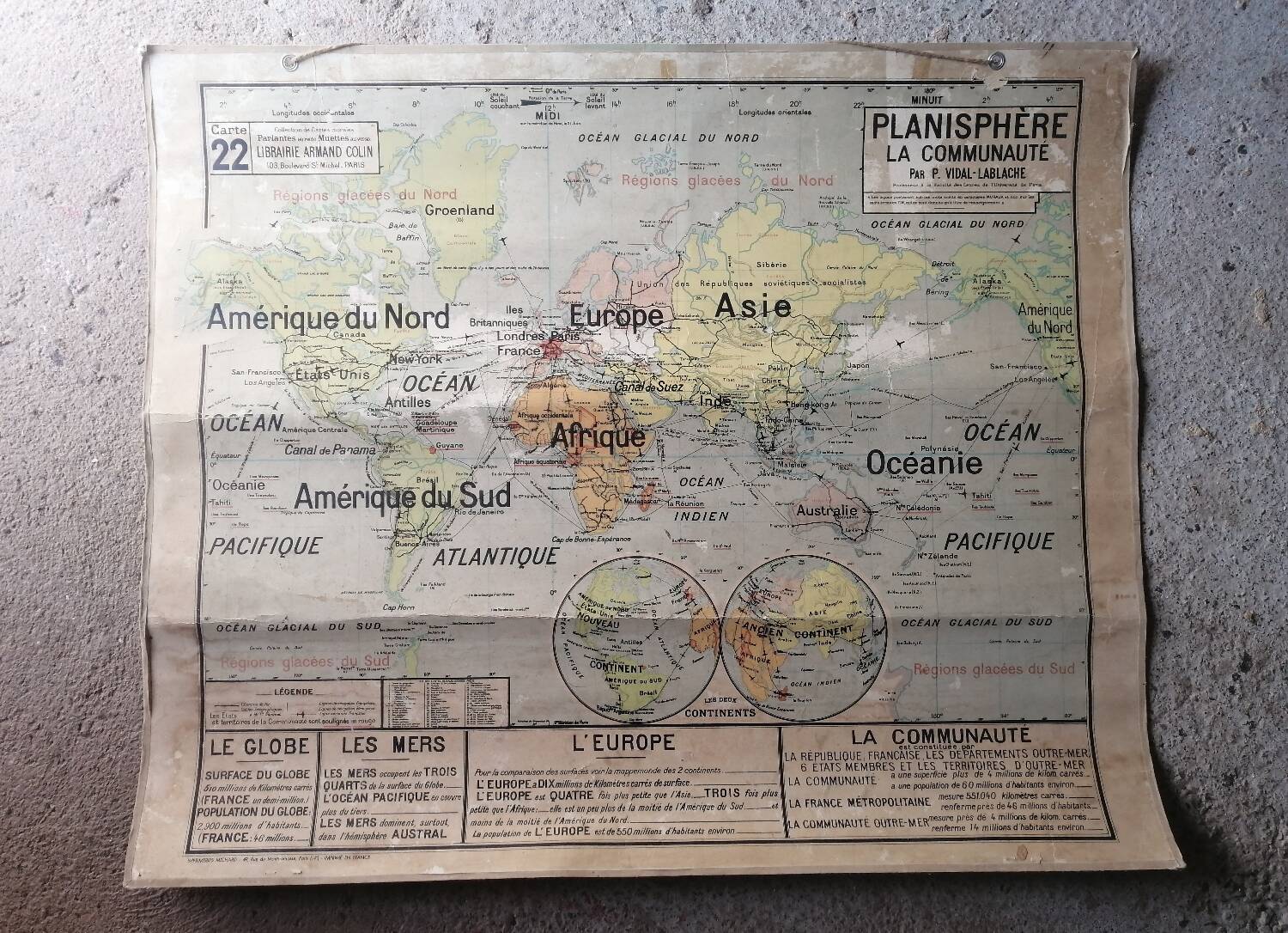 Old map Vidal Lablache 22 Community planisphere - 1950