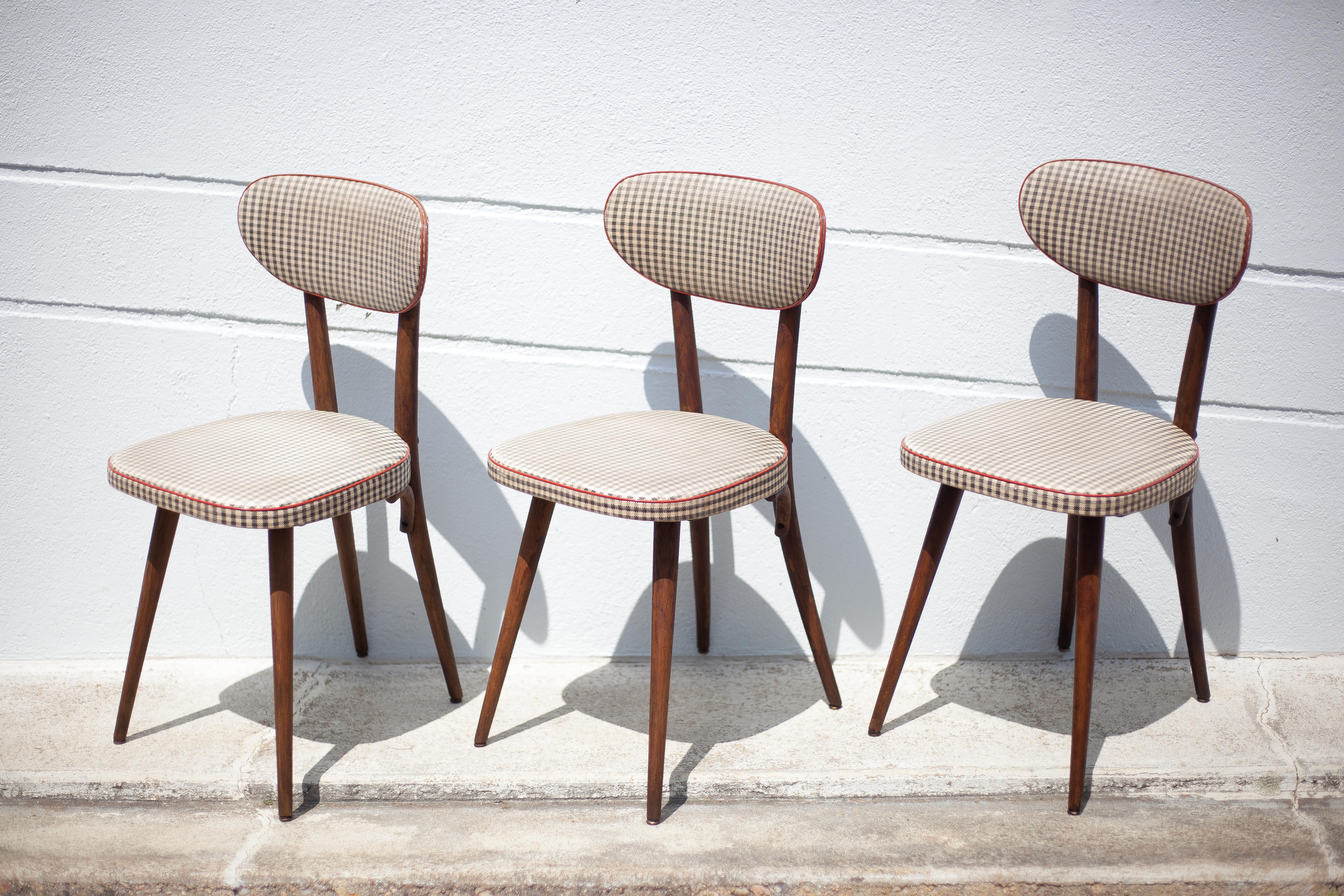 Set of 3 Baumann chairs model 732g2, bistro chair, wooden chair and vinyl fabric, kitchen, retro