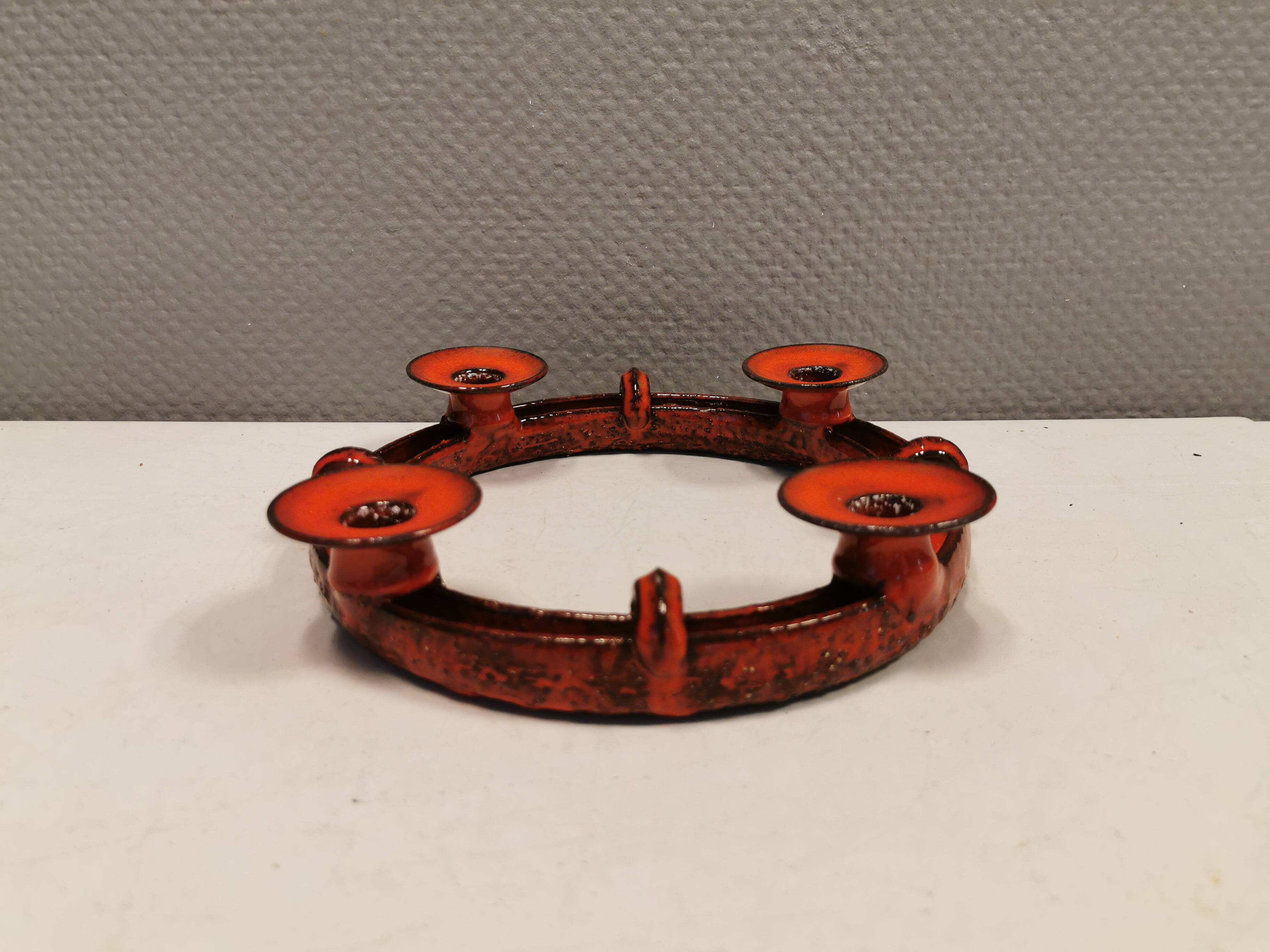 Candle holder in red ceramic, Danish from the 70s, perfect as an Advent candle holder for Christmas
