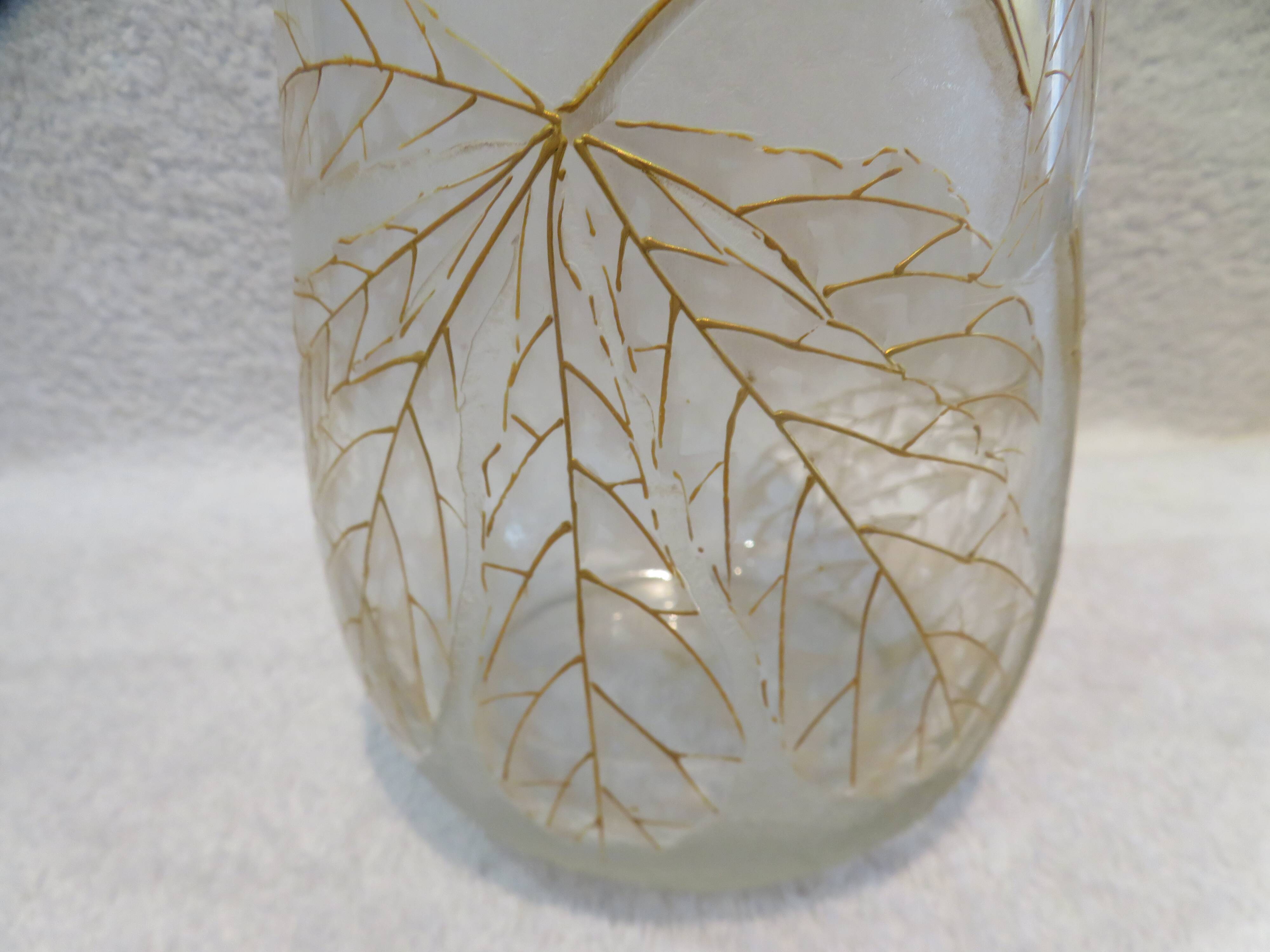 Beautiful acid-etched glass vase from Legras Saint Denis with chestnut tree decoration