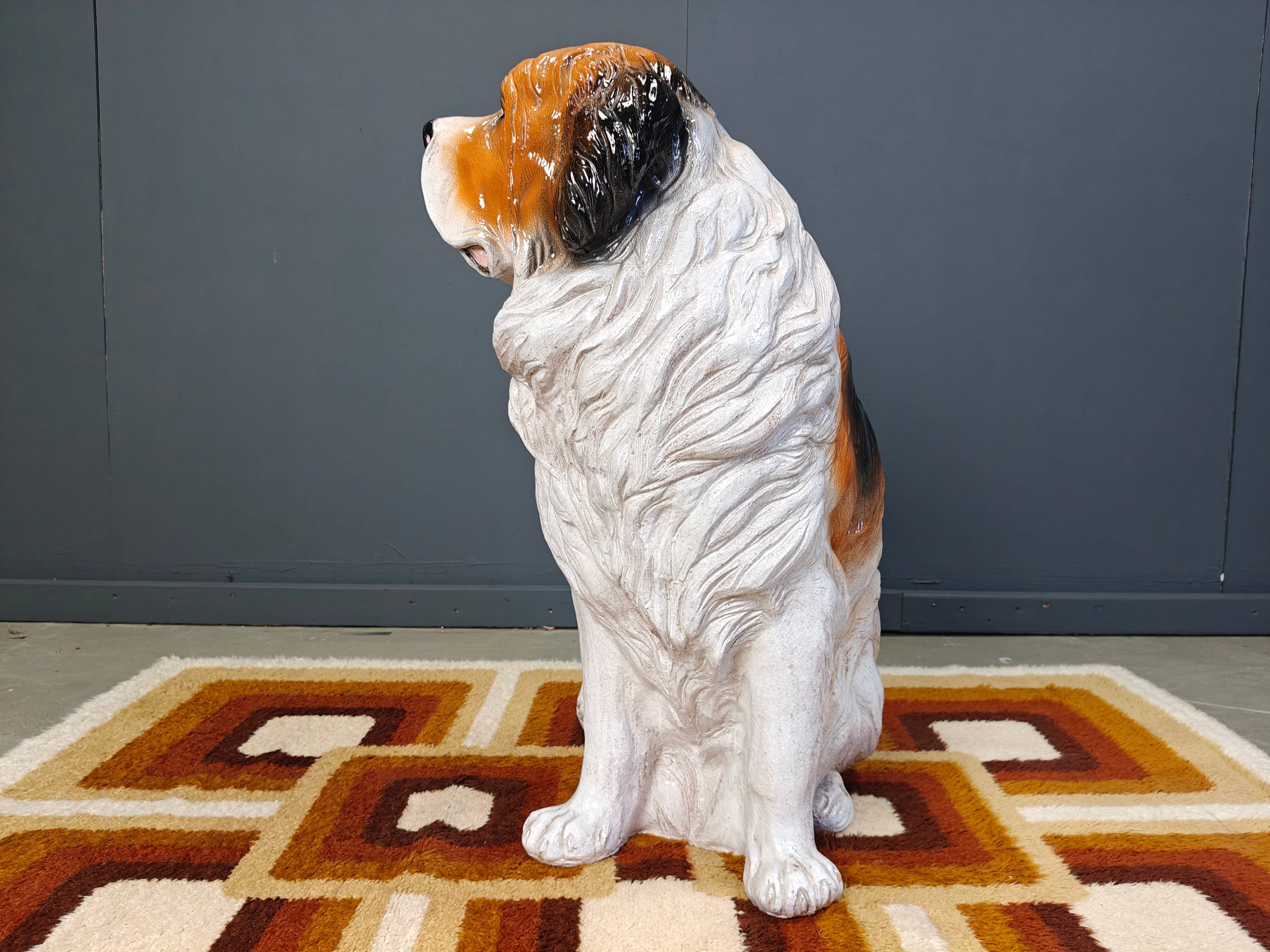 Life sized vintage glazed terracotta St Bernard dog sculpture, 1960s